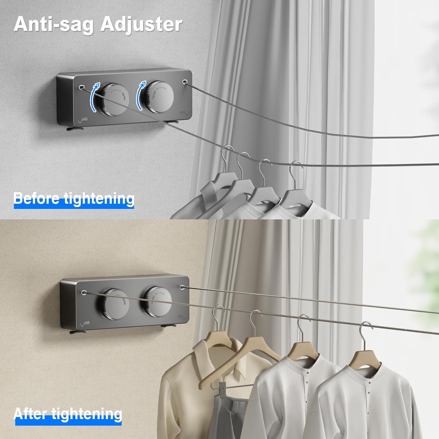 Retractable Twin Clothesline Indoor, Non-Sagging Outdoor Clothes Line Retracting Heavy Duty Clothes