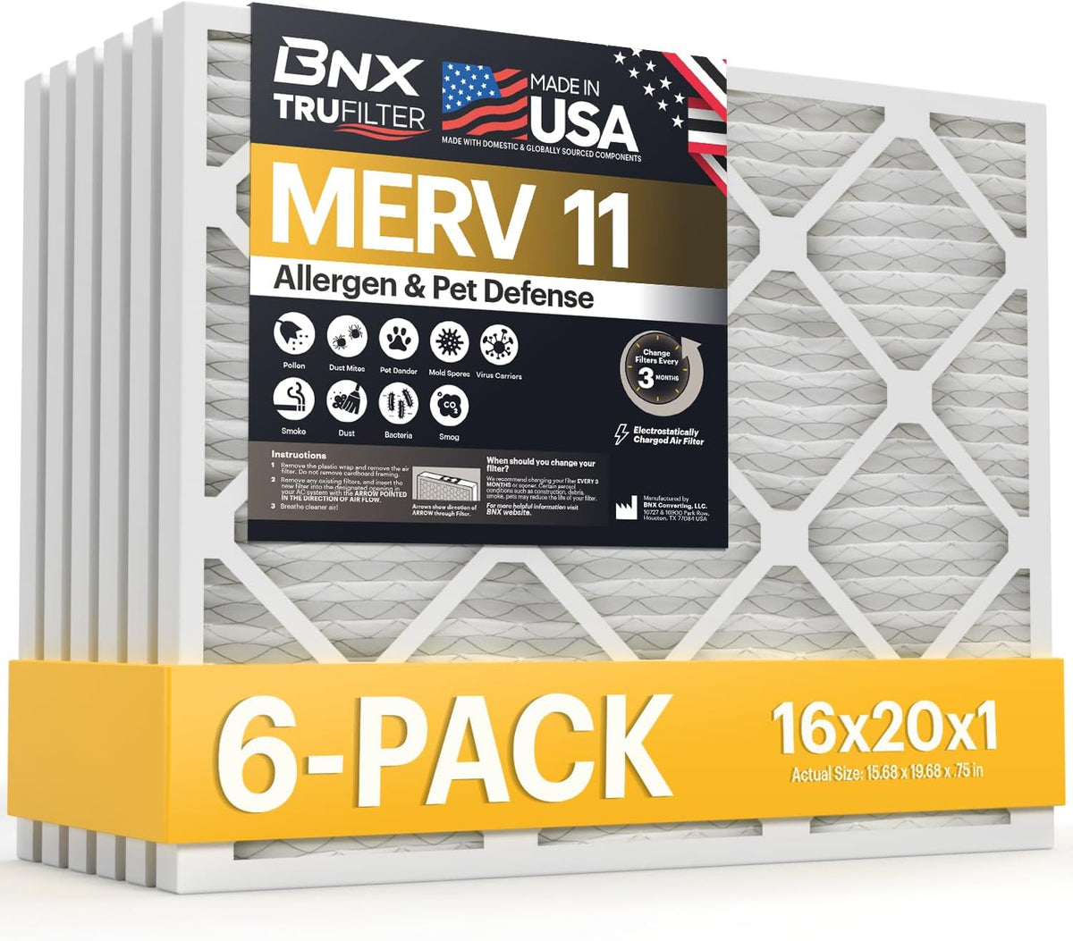 BNX TruFilter 16x20x1 Air Filter MERV 11 (6-Pack) - MADE IN USA - Allergen Defense Electrostatic
