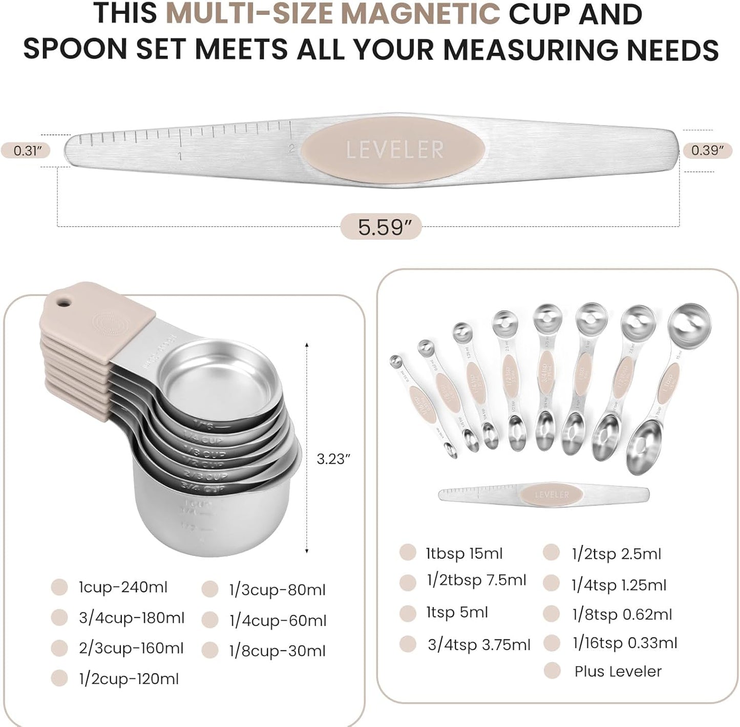 Magnetic Measuring Cups and Spoons Set-Heavy Duty 304 Stainless Steel，Double Measurement