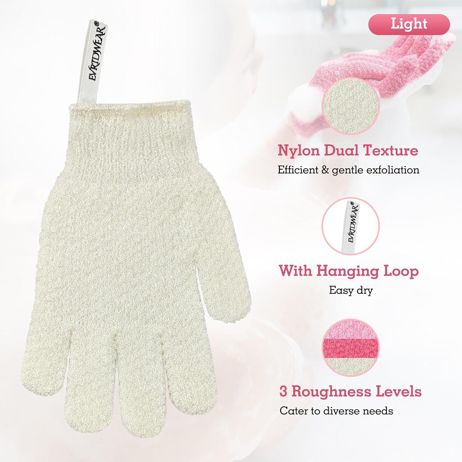 Evridwear Exfoliating Gloves for Shower, 100% Nylon Thick Soft Medium Heavy Bathing Gloves Dead