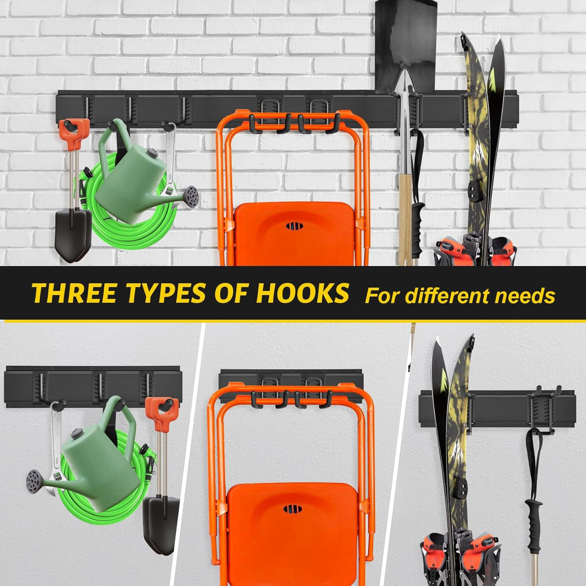 Garage Tool Organizer Wall Mount, 48 Inches Garden Tool Organizer with Adjustable Hooks, Metal