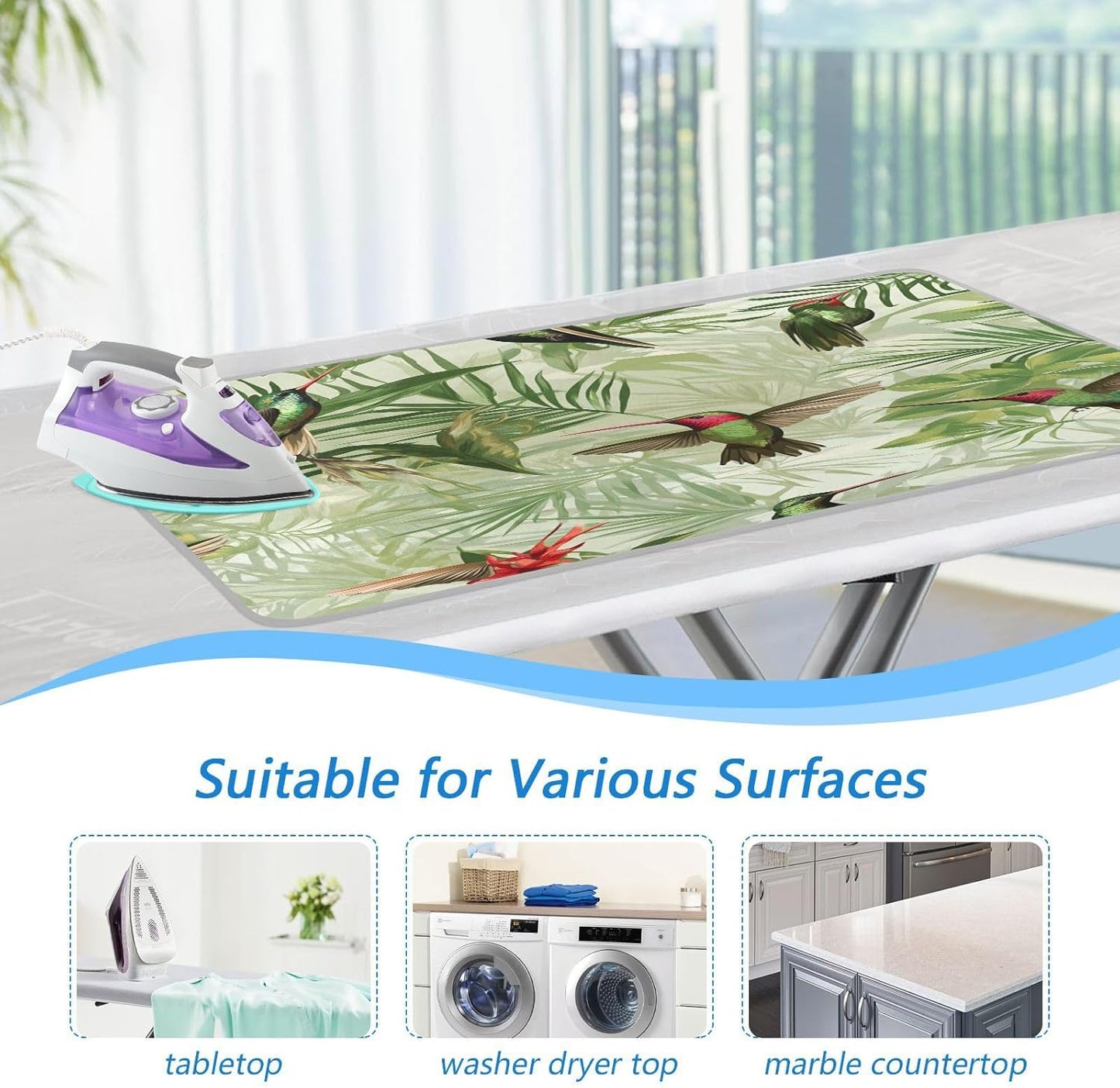 Green Anna Hummingbird and Palm Leaves Ironing Mat Thickened Ironing Blanket Travel Portable