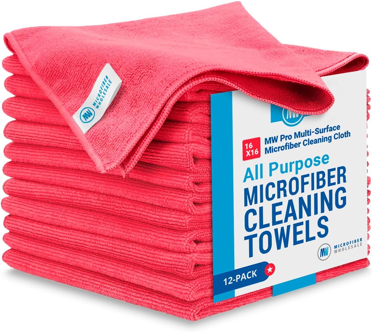 MW Pro Microfiber Cleaning Cloth | Red (12 Pack) | Size 16" x 16" | All Purpose Microfiber Towels