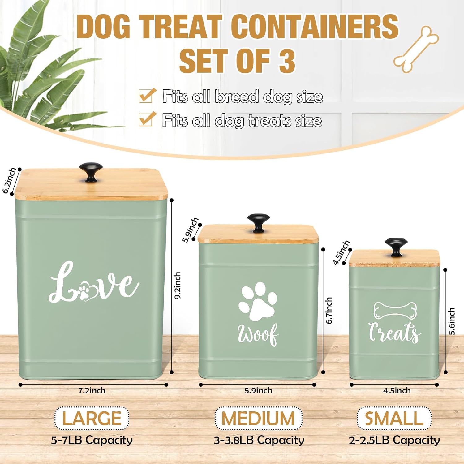 Metal Dog Treat Containers Set of 3 with Bamboo Lids and Spoon Airtight 7+3+2 lbs Dog Food Snack