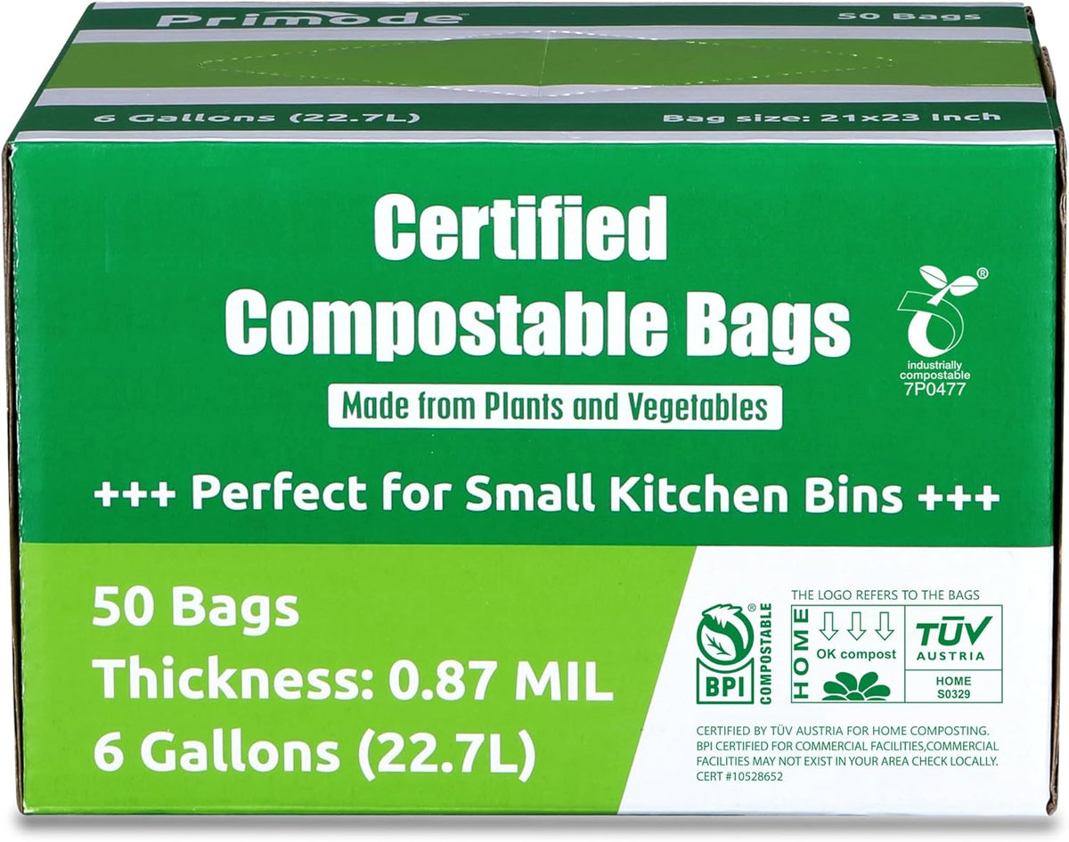 Primode Compostable Bags 6 Gallon Food Scraps Yard Waste Bags, 50 Count, Extra Thick 0.87 Mil.