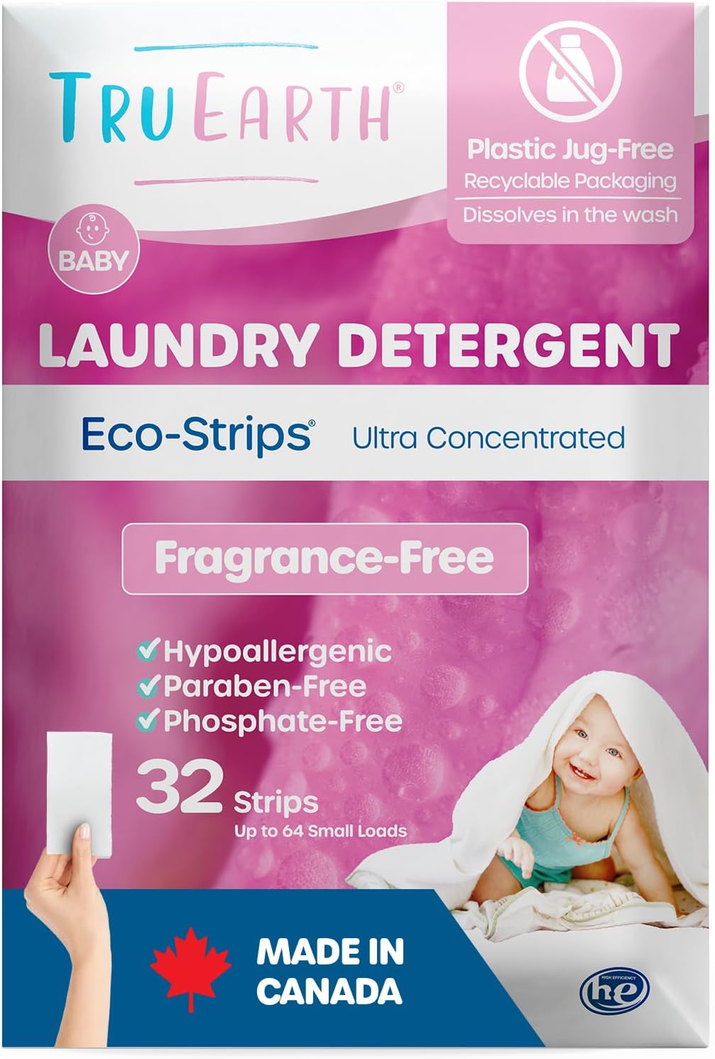 Tru Earth Hypoallergenic Baby Laundry Detergent Sheets/Eco-Strips for Sensitive Skin, 32 Count, Up