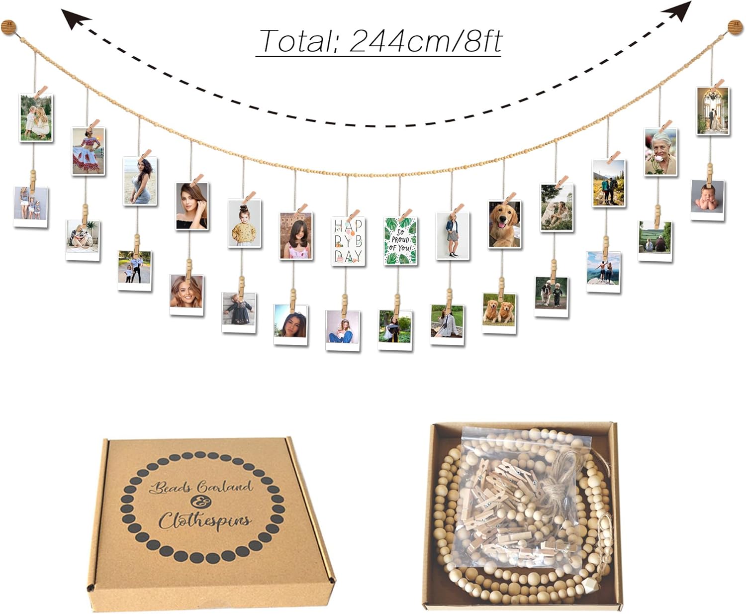 8 Feet Wooden Beads Garland with Clothespins Picture Cards Holder - Country Farmhouse Christmas