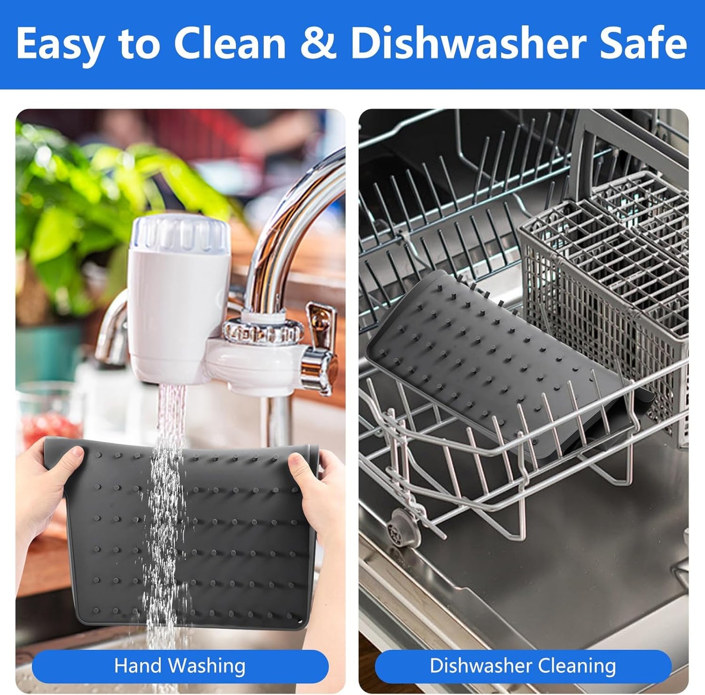 Silicone Dish Drying Mat for Kitchen Counter, Dish Drainer Mat, Non-Slip Drying Pad with Built-in
