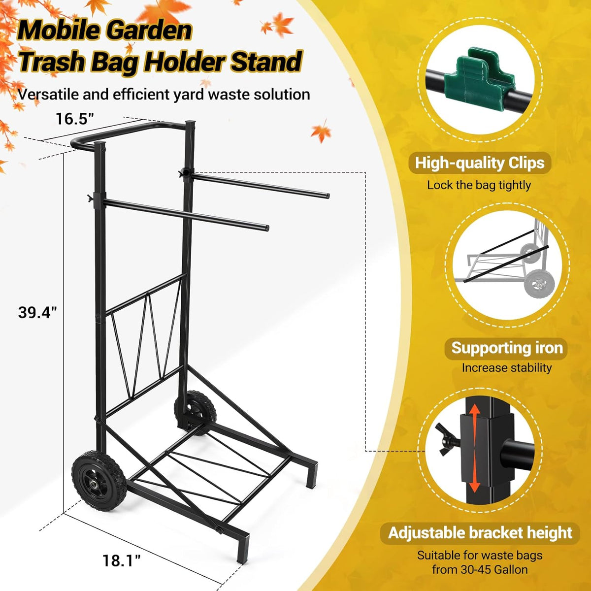 CAROD Trash Bag Holder, Adjustable Metal Leaf Bag Holder from 30-45 Gallon Capacity, Mobile Garbage