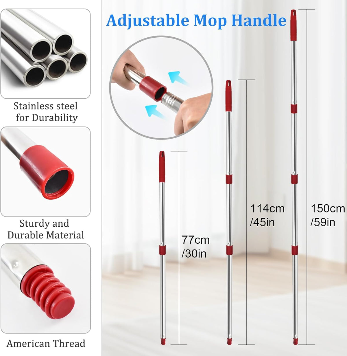 Mop Handle for Ocedar, Spin Mop Handle Replacement for O Cedar, 4 Section 30" to 58" Mop Handles