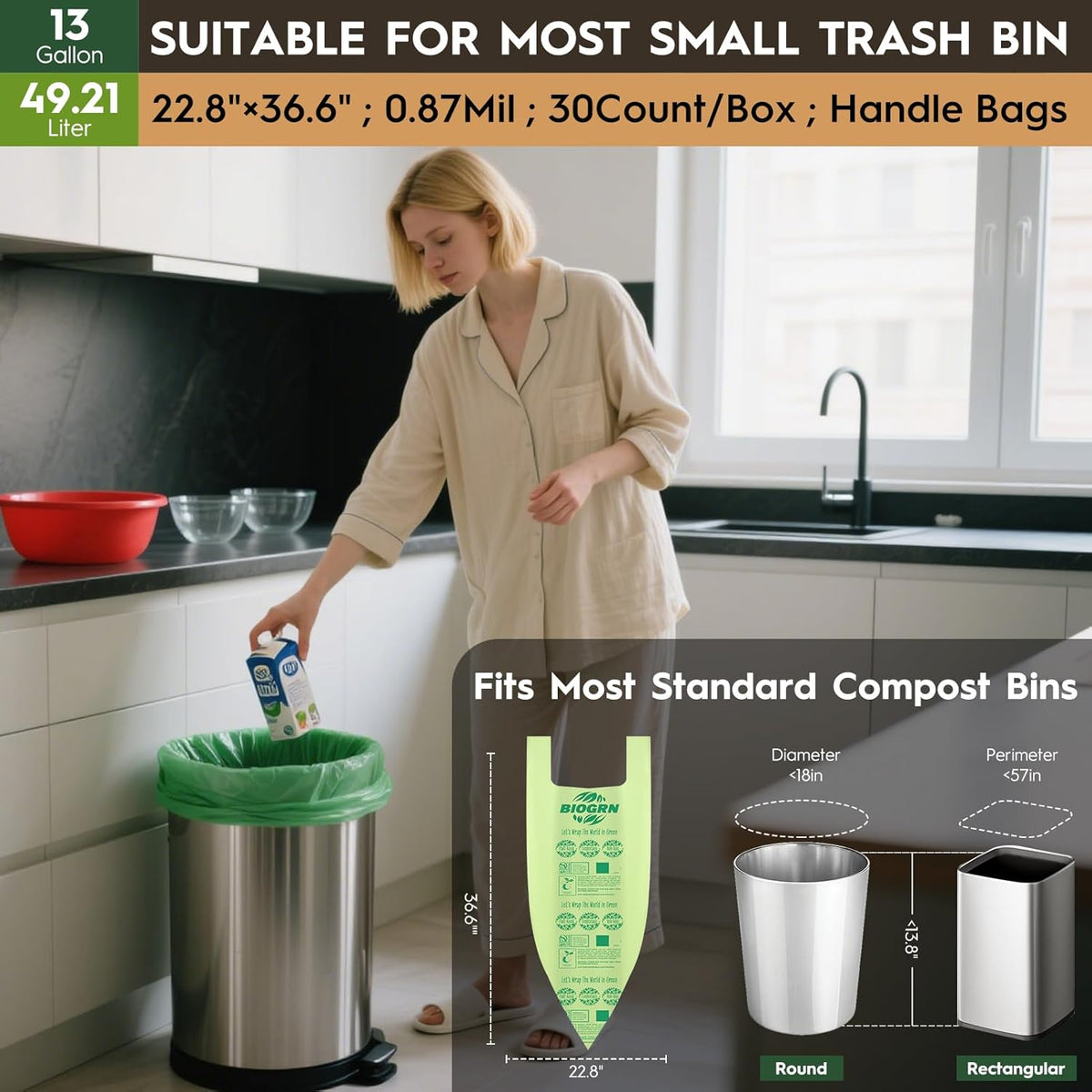 10-13 Gallon Compostable Trash Bags with Handles 30 Bags compost bags Food Scrap Green Waste Bags