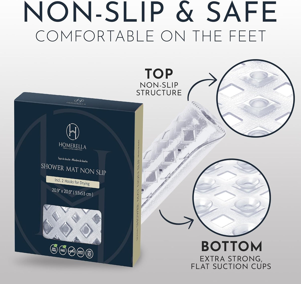 Homerella Anti Slip Shower Mat | Anti Mold Non Slip Bathtub Mat for Inside Shower | Square Floor