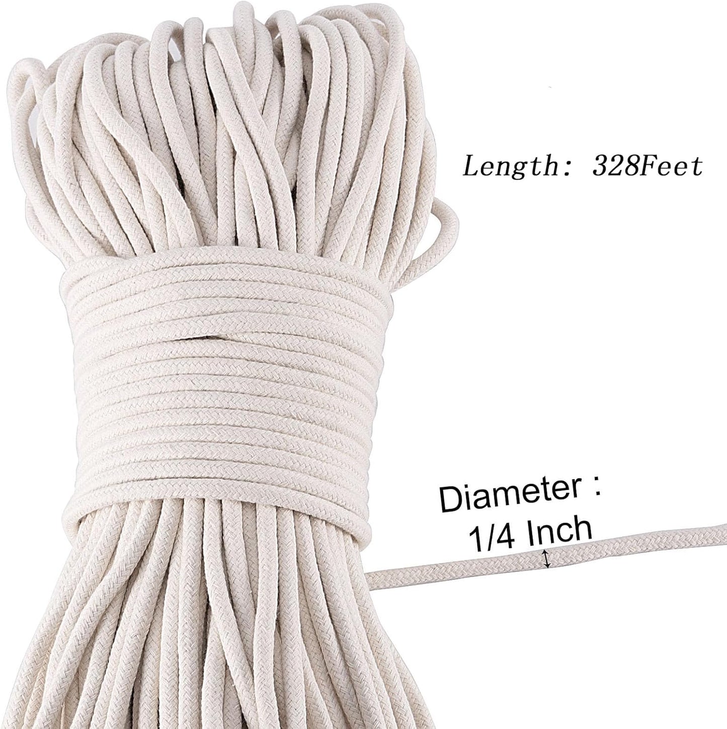 328 Feet 1/4 Inch White Natural Cotton Rope, Cotton Clothesline Rope, All-Purpose Craft Rope for