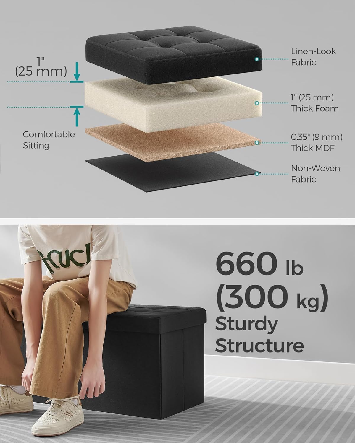 SONGMICS Mazie Collection - 30 Inches Storage Ottoman, Foldable Storage Bench with Flipping Lid