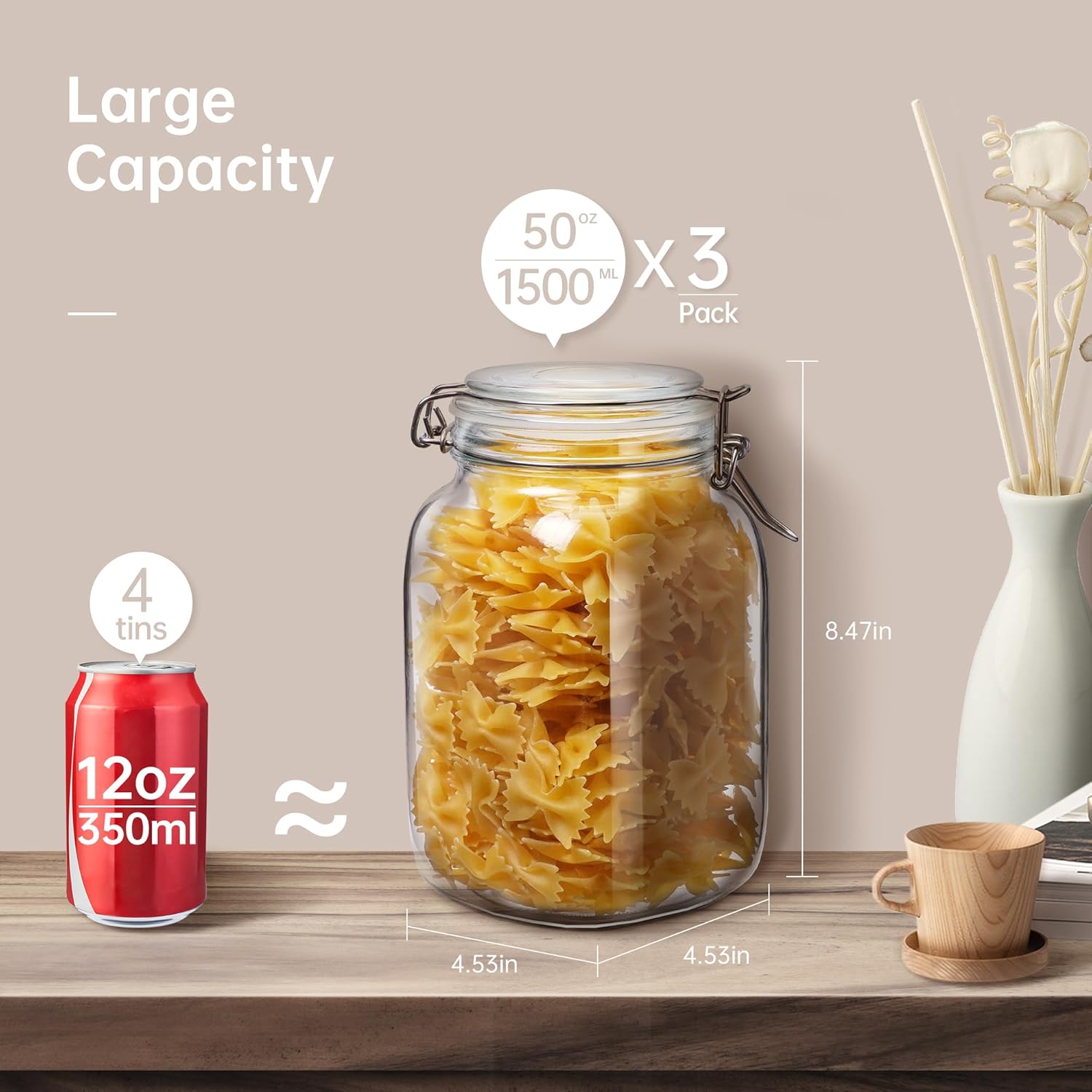 Square Glass Jars with Airtight Lid Set of 3, 50 floz Wide Mouth Mason Jars with Clamp Lids,Glass