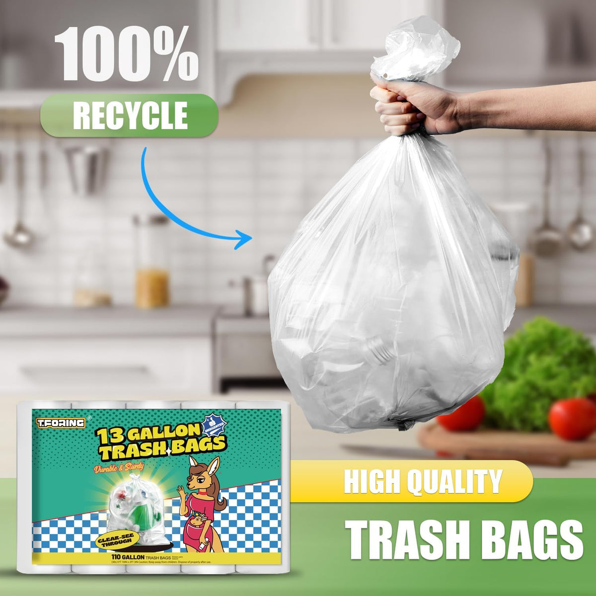 13 Gallon Tall Kitchen Trash Bags - 110 Count Clear Plastic Garbage Bags Unscented Trash Can Liners