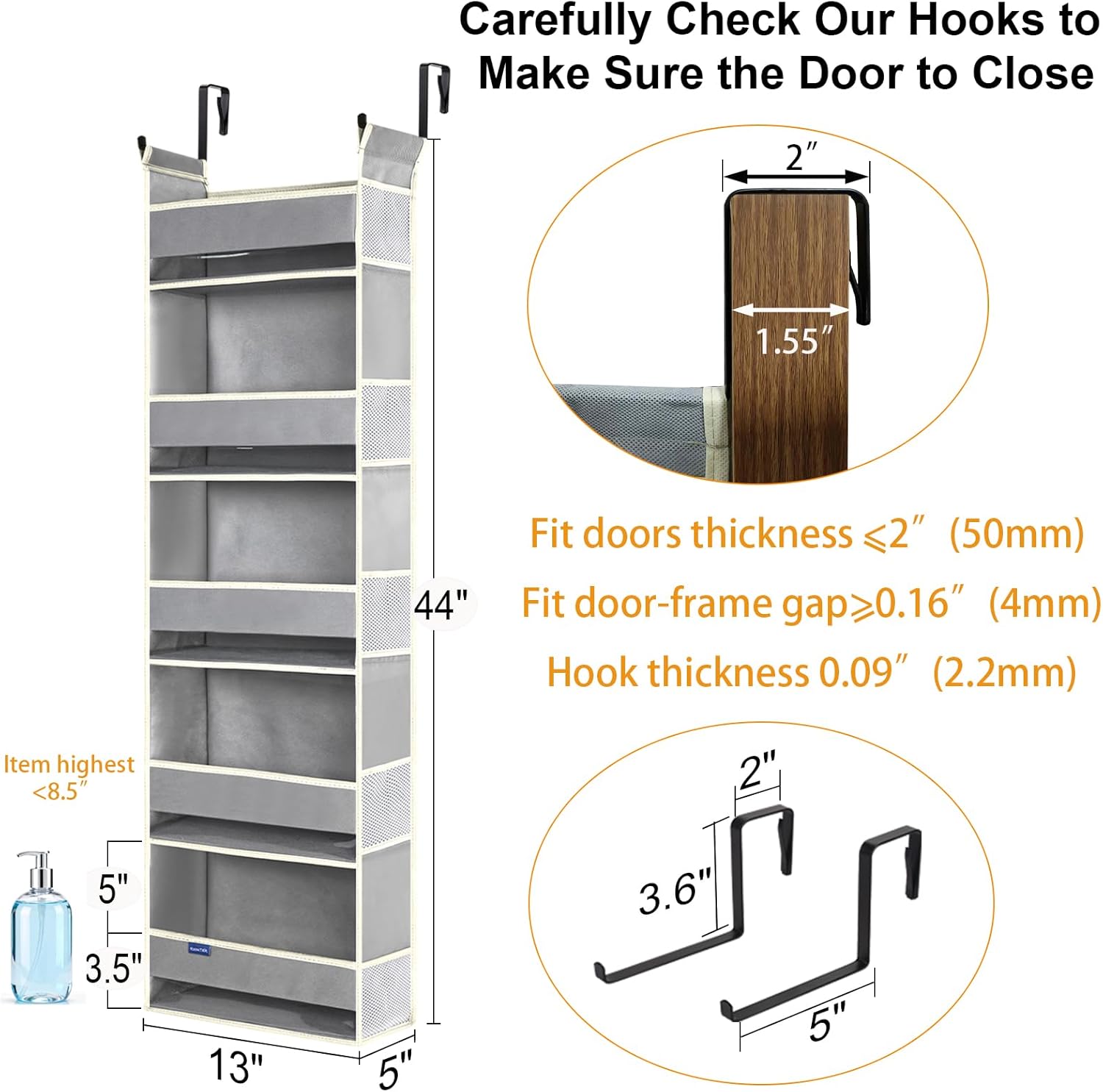 Over The Door Organizer 5-Shelves and 10 Side Pockets, Over The Door Storage for Bathroom Bedroom