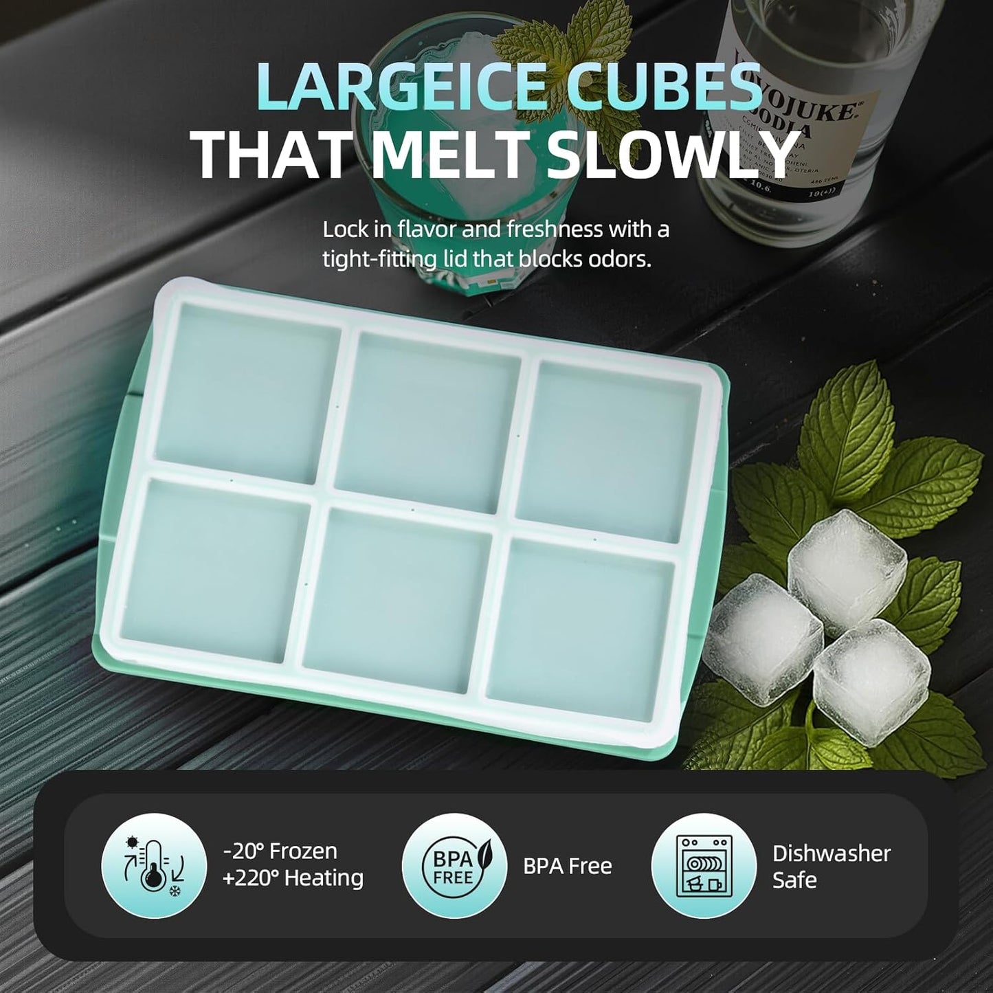 Large Ice Cube Trays for Whiskey (2 Pack) - Silicone Ice Cube Molds with Steel Frame Reinforcement