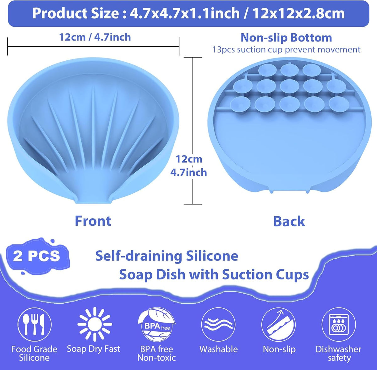 Self Draining Soap Dish, Silicone Suction Cup Soap Holder Tray Savers Container Sponge Holder for