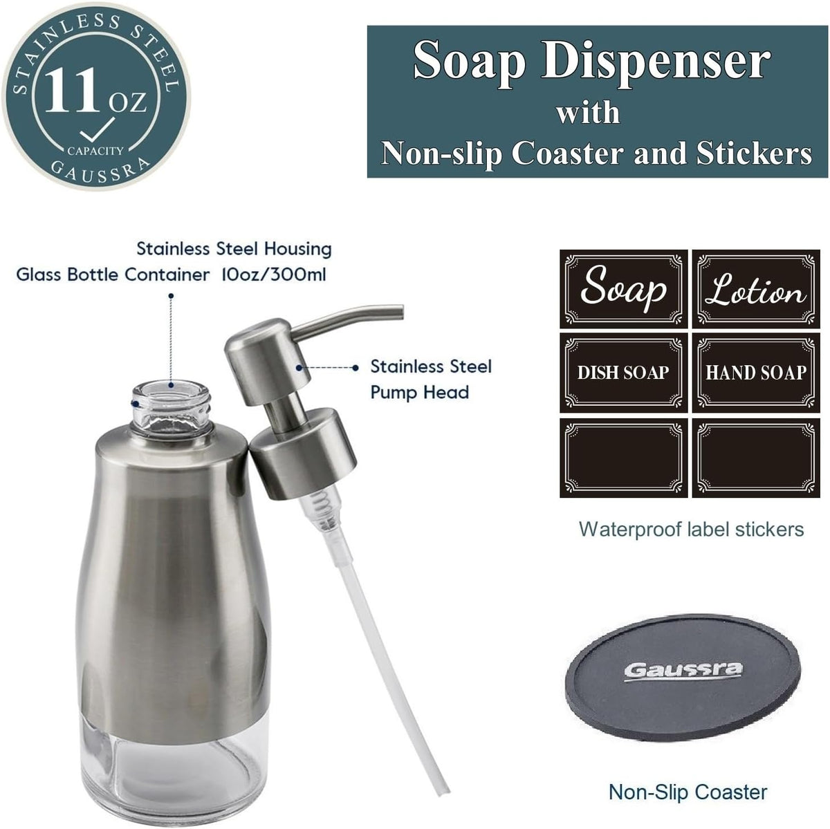 Gaussra Soap Dispenser with Coaster and Stickers, Brushed Nickel Stainless Steel Case Glass Liner