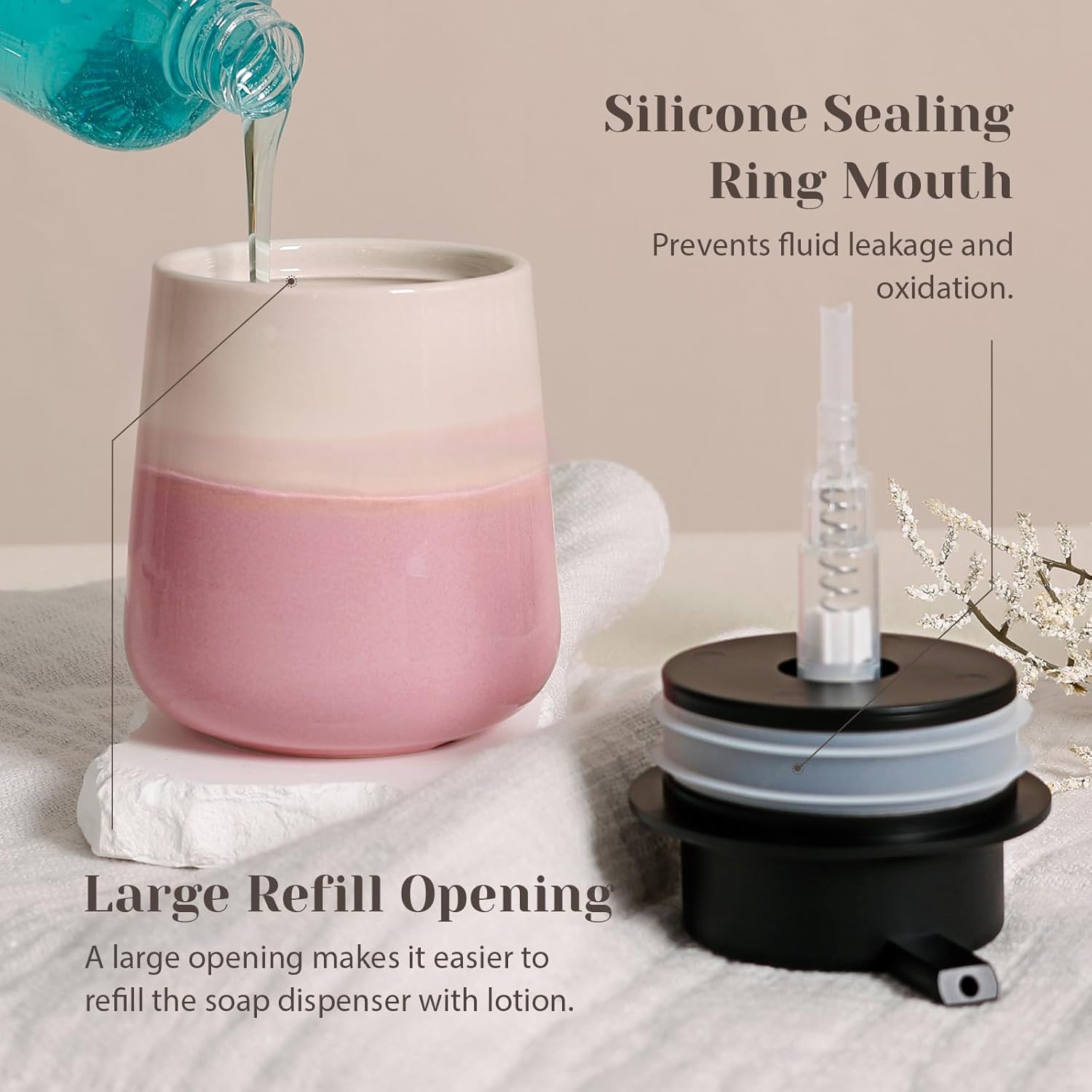 INGOFIN Ceramic Hand Soap Dispenser - 12 oz Liquid Lotion Dispenser Bathroom, Refillable Modern