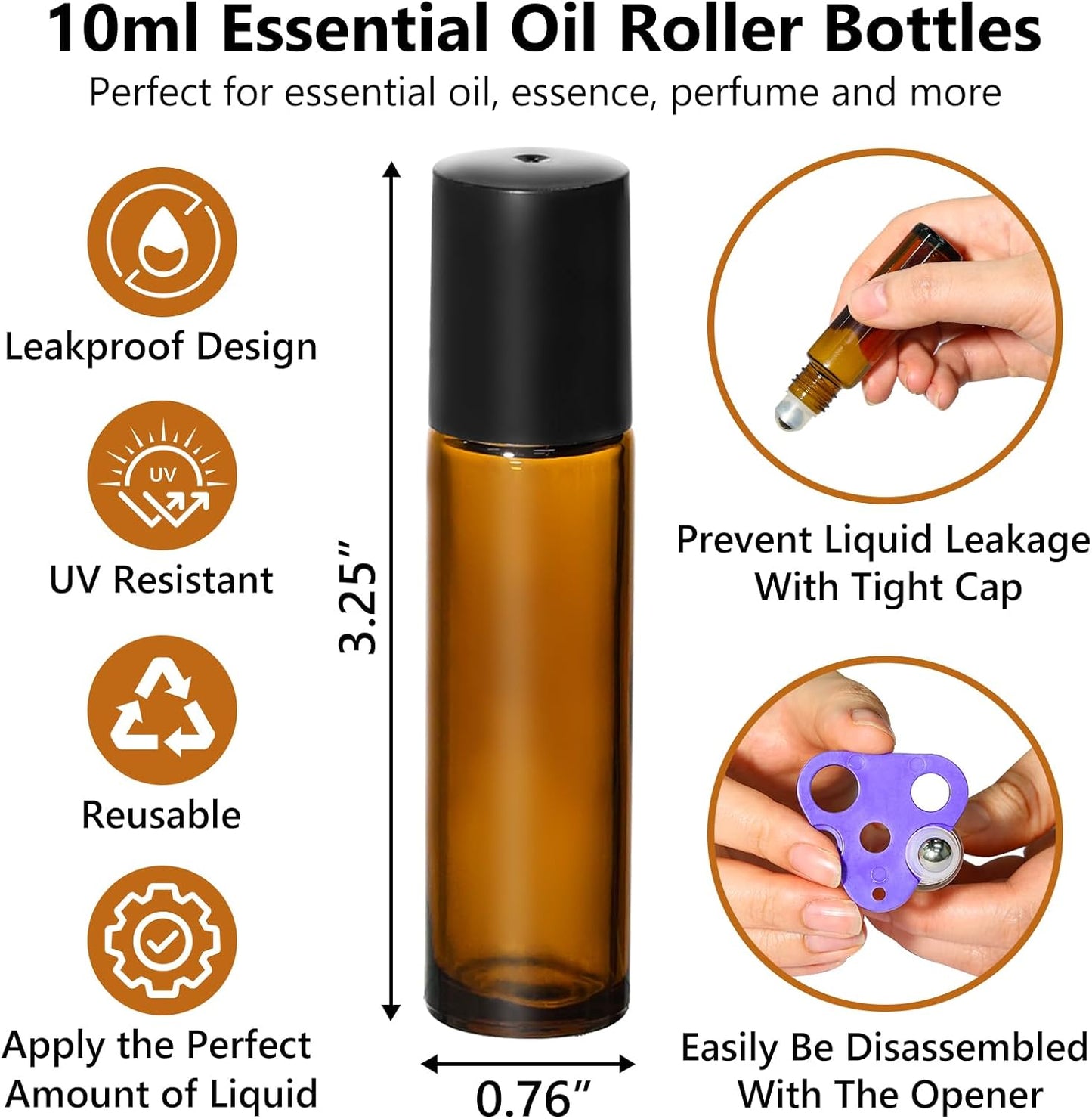 KEYWING 10ml Amber Roller Rottles for Essential Oils - 24PCS Glass Roll on Bottles with Black Caps