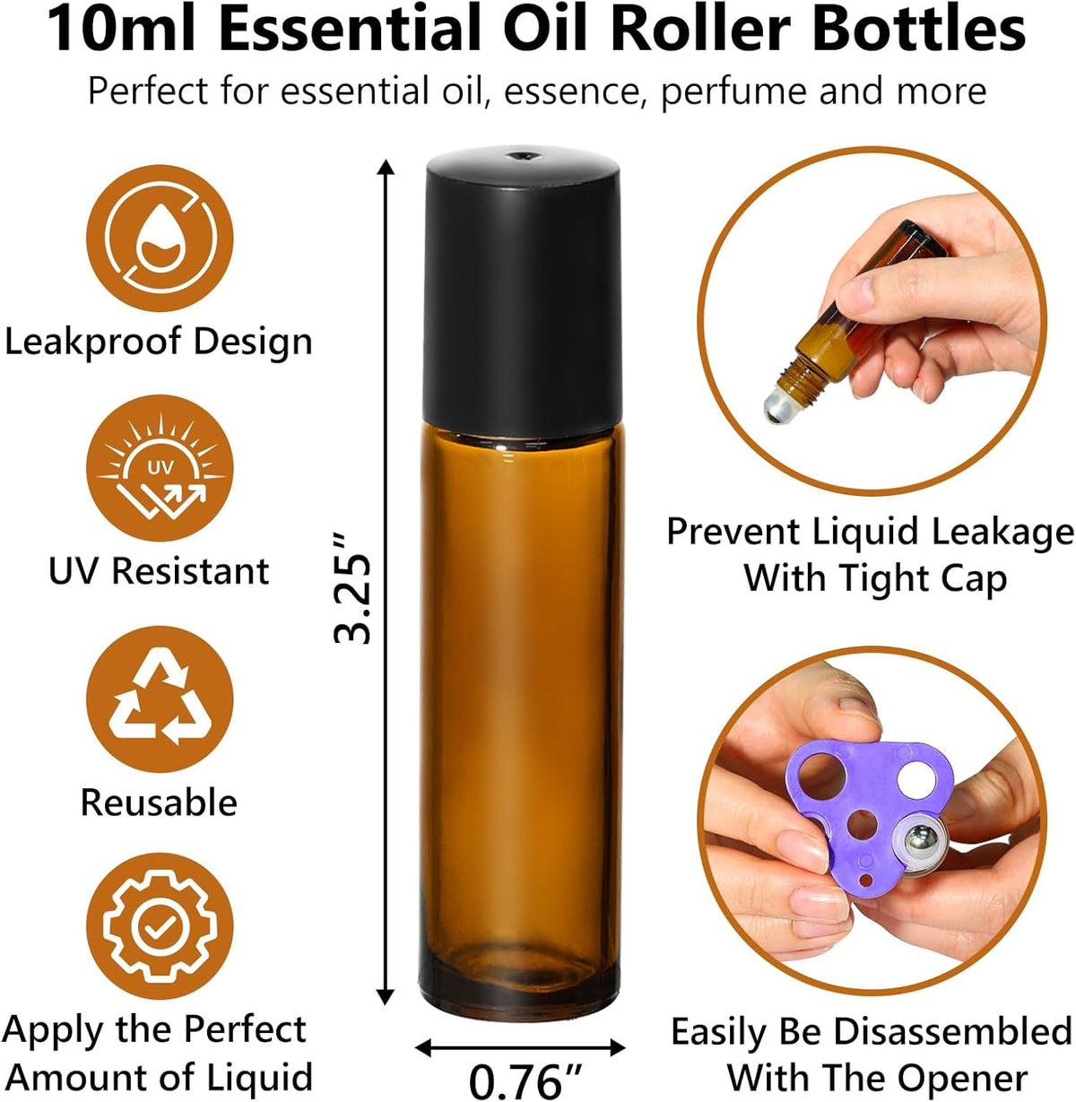KEYWING 10ml Amber Roller Rottles for Essential Oils - 24PCS Glass Roll on Bottles with Black Caps
