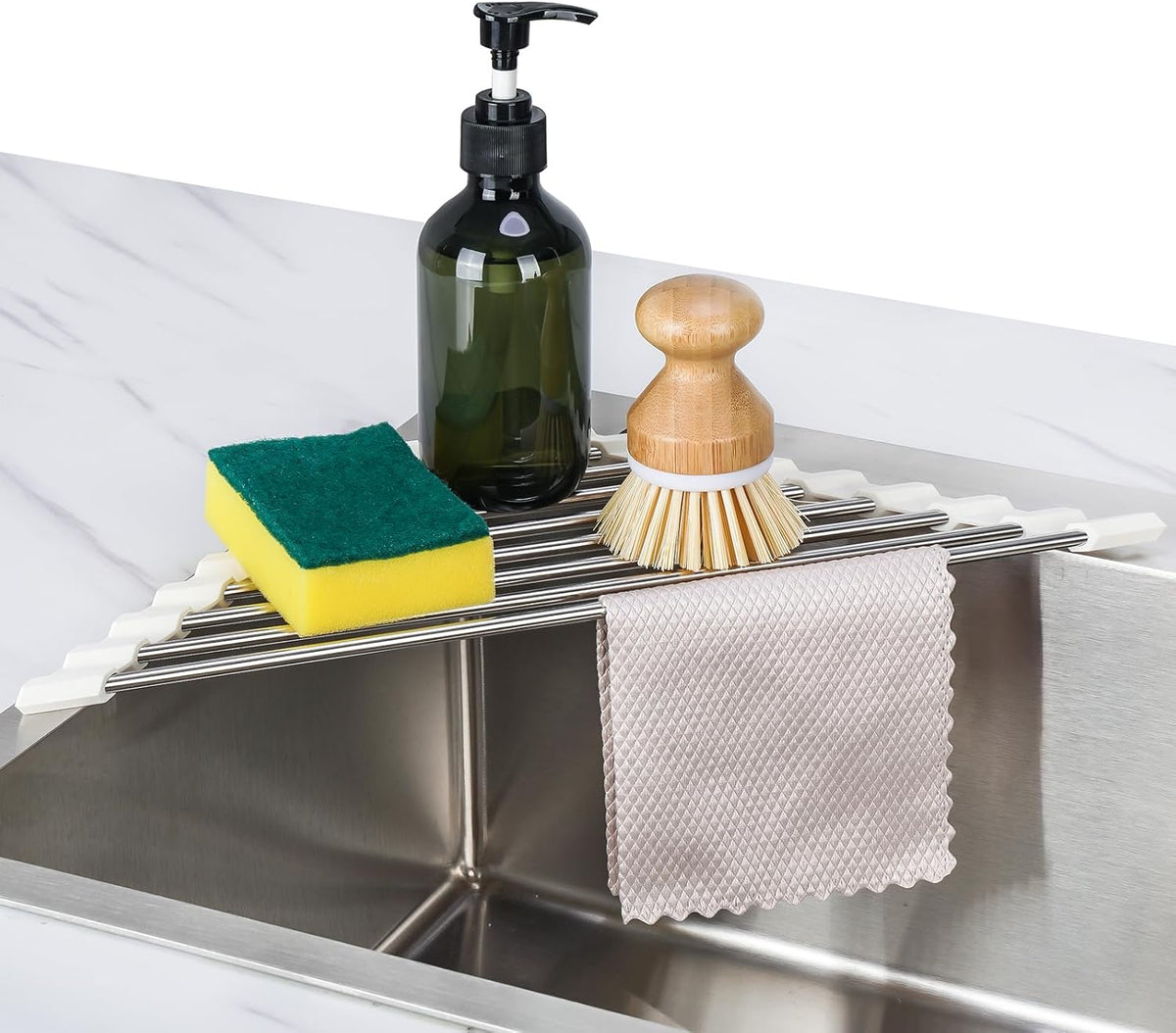 Tomorotec Triangle Roll-Up Dish Drying Rack Sink Corner Small Foldable Stainless Steel Over The