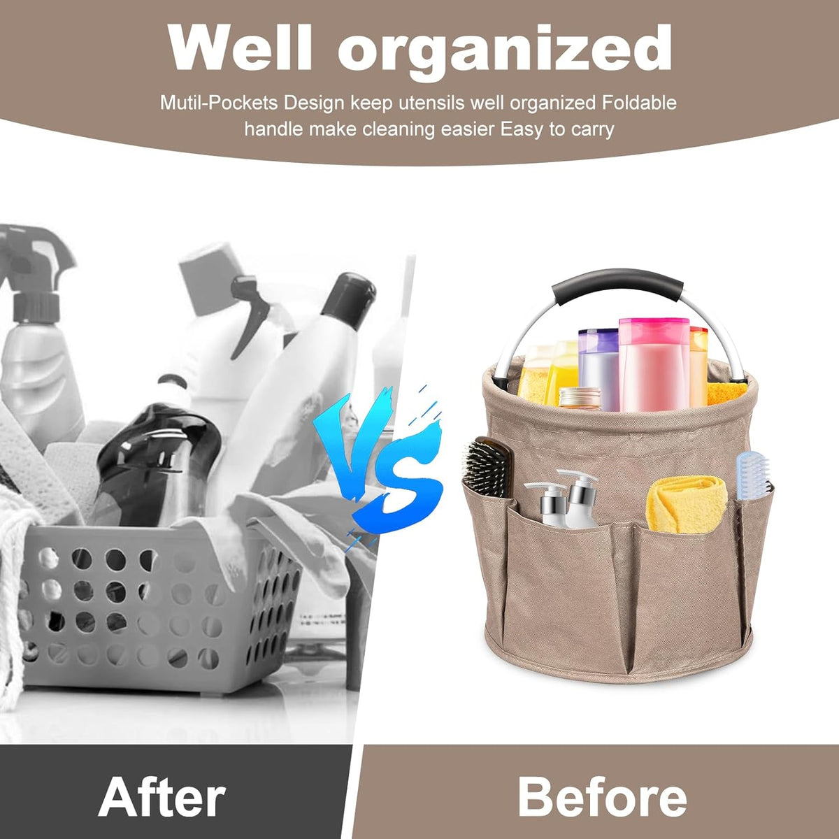 Qivine 17L Cleaning Caddy with Handle, Cleaning Supply Caddy Foldable Cleaning Caddy Cleaning
