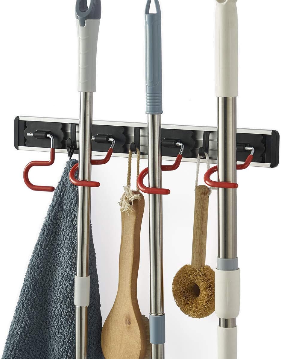 QBOSO Wall Mounted Mop and Broom Holder Stainless Steel S Type Broom Rack Anti-Slip Mop Organizer