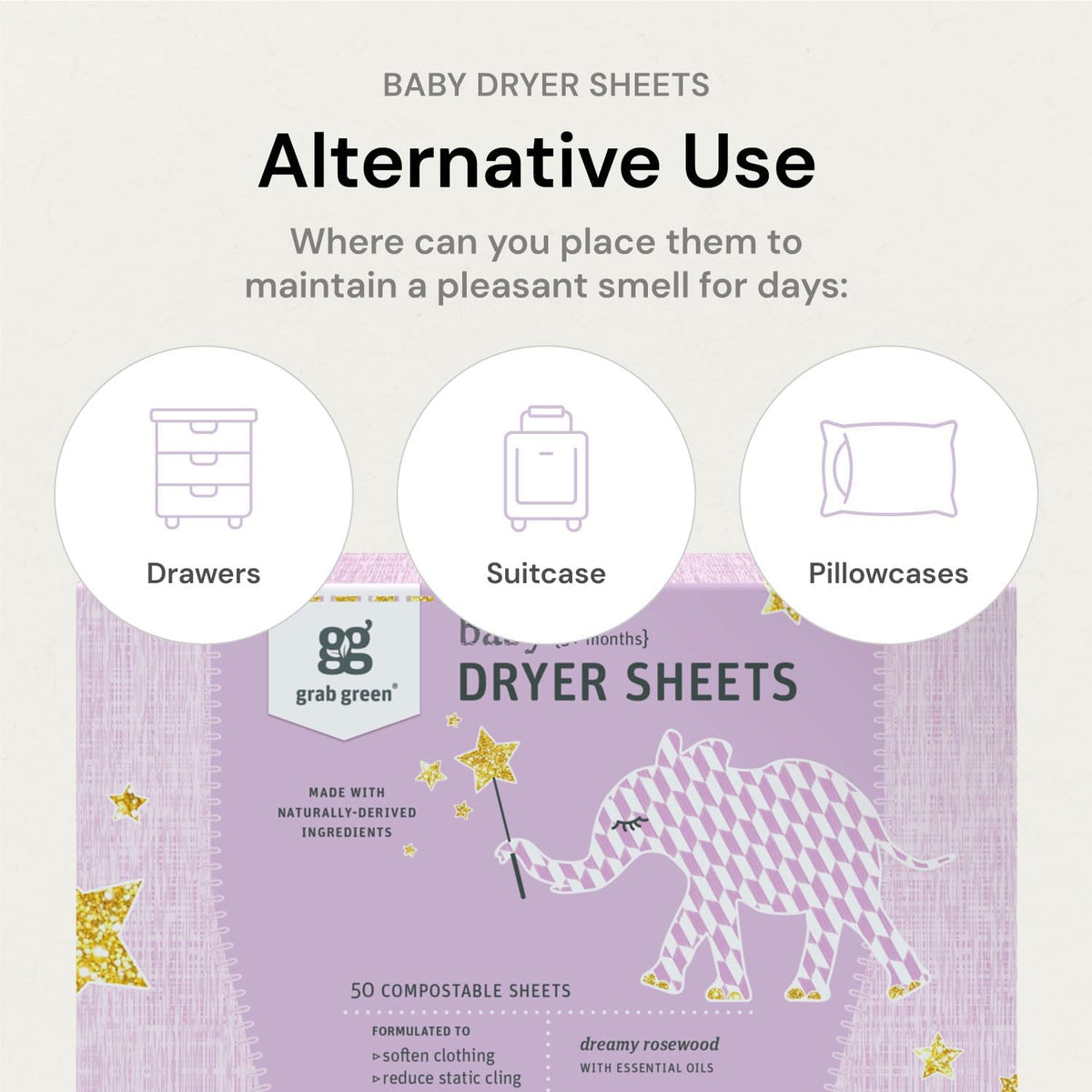 Grab Green Baby Laundry Dryer Sheets, 160 Sheets, Dreamy Rosewood Scent, Plant Based, Softens