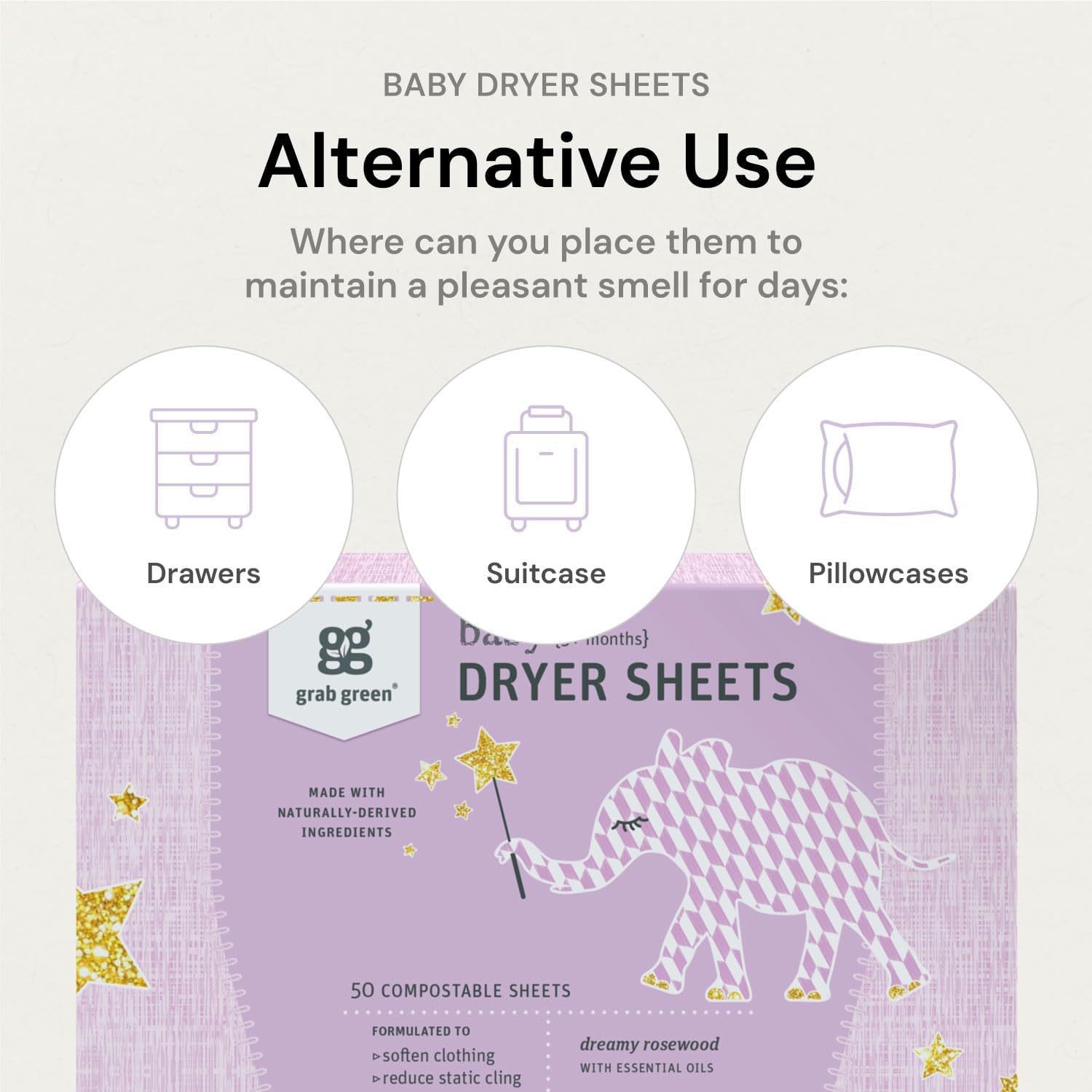 Grab Green Baby Laundry Dryer Sheets, 160 Sheets, Dreamy Rosewood Scent, Plant Based, Softens