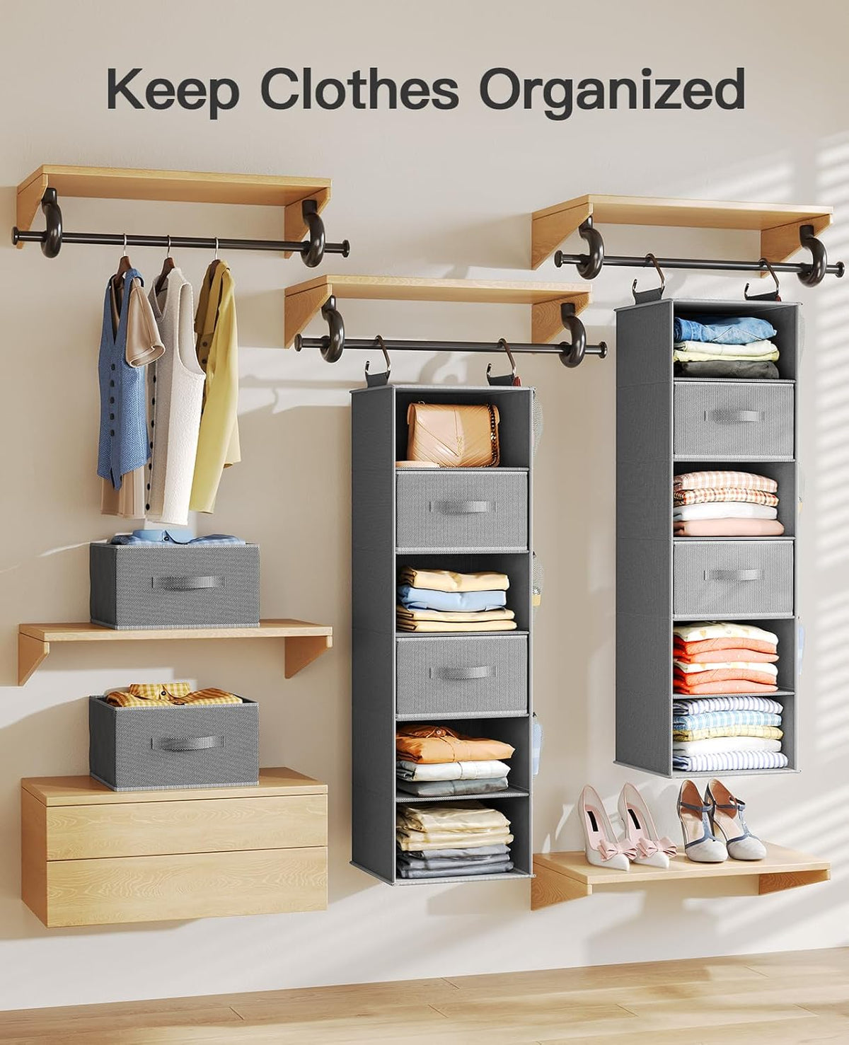 Pipishell Hanging Closet Organizer 6-Shelf, Hanging Shelves for Closet with 3 Removable Drawers &