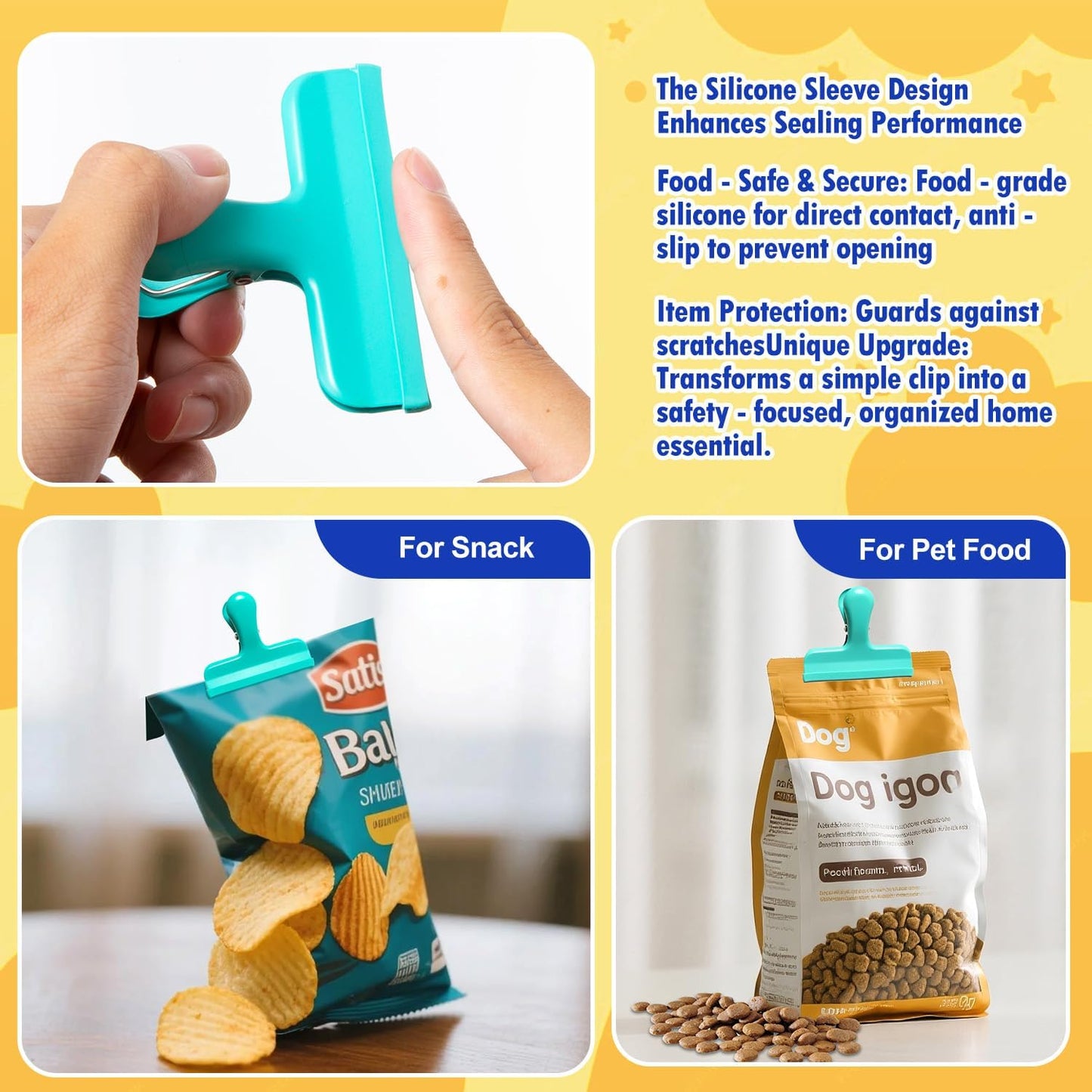 HOUSE AGAIN Chip Clips, 12 Pack Stainless Steel Chip Bag Clips Covered with Silicone, NO More Sharp