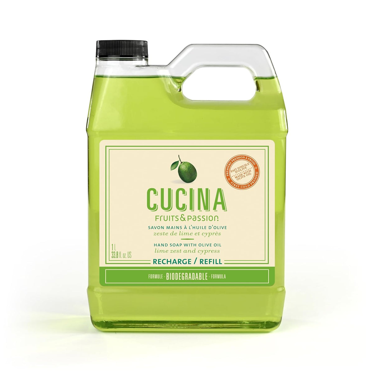 Cucina Fruits & Passion Hand Soap Refill – 1 Liter (33.8 oz) Lime Zest and Cypress – Purifying All
