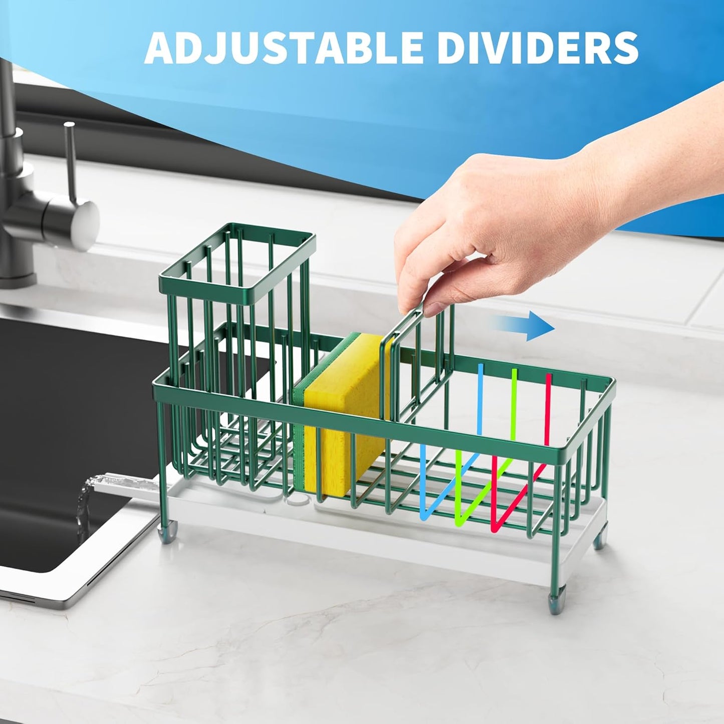 Cisily Sponge Holder for Kitchen Sink, Sink Caddy Organizer with High Brush Holder, Countertop