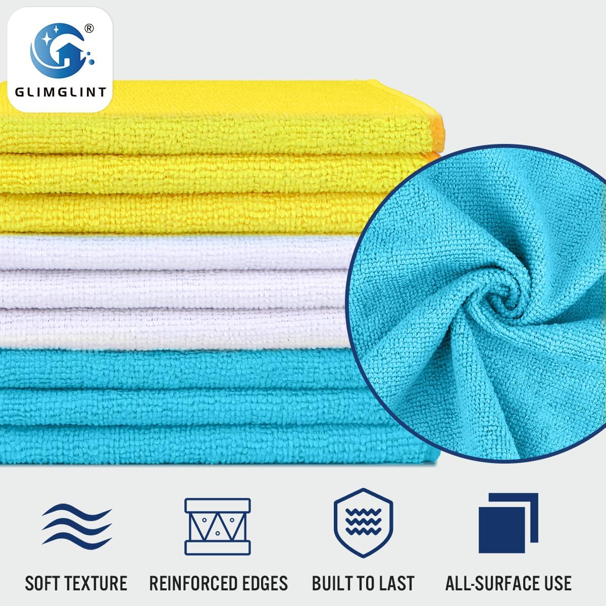 GLIMGLINT Microfiber Cleaning Cloth, 150 Pack Cleaning Rags, Cleaning Towels with 3 Color Assorted