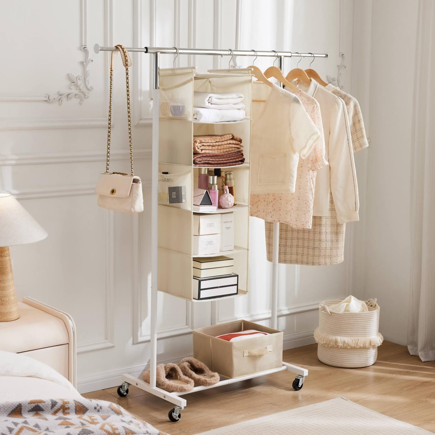 MAX Houser 5 Shelf Hanging Closet Organizer, Space Saver, Cloth Hanging Shelves with 4 Side