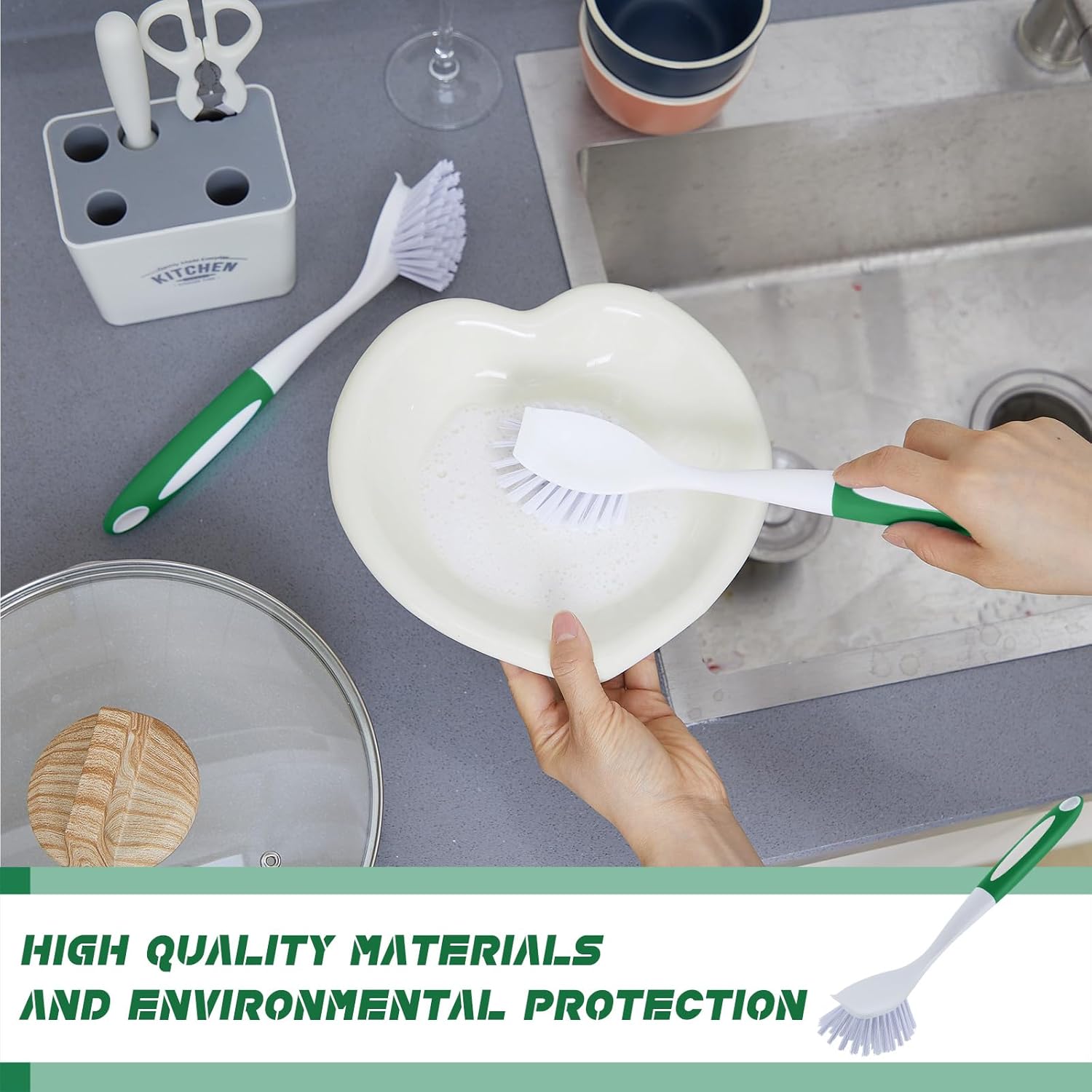 Hsei 20 Pcs Green Kitchen Scrub Dish Brush Bulk with 11 Inch Anti Slip Handle Cleaning Dish