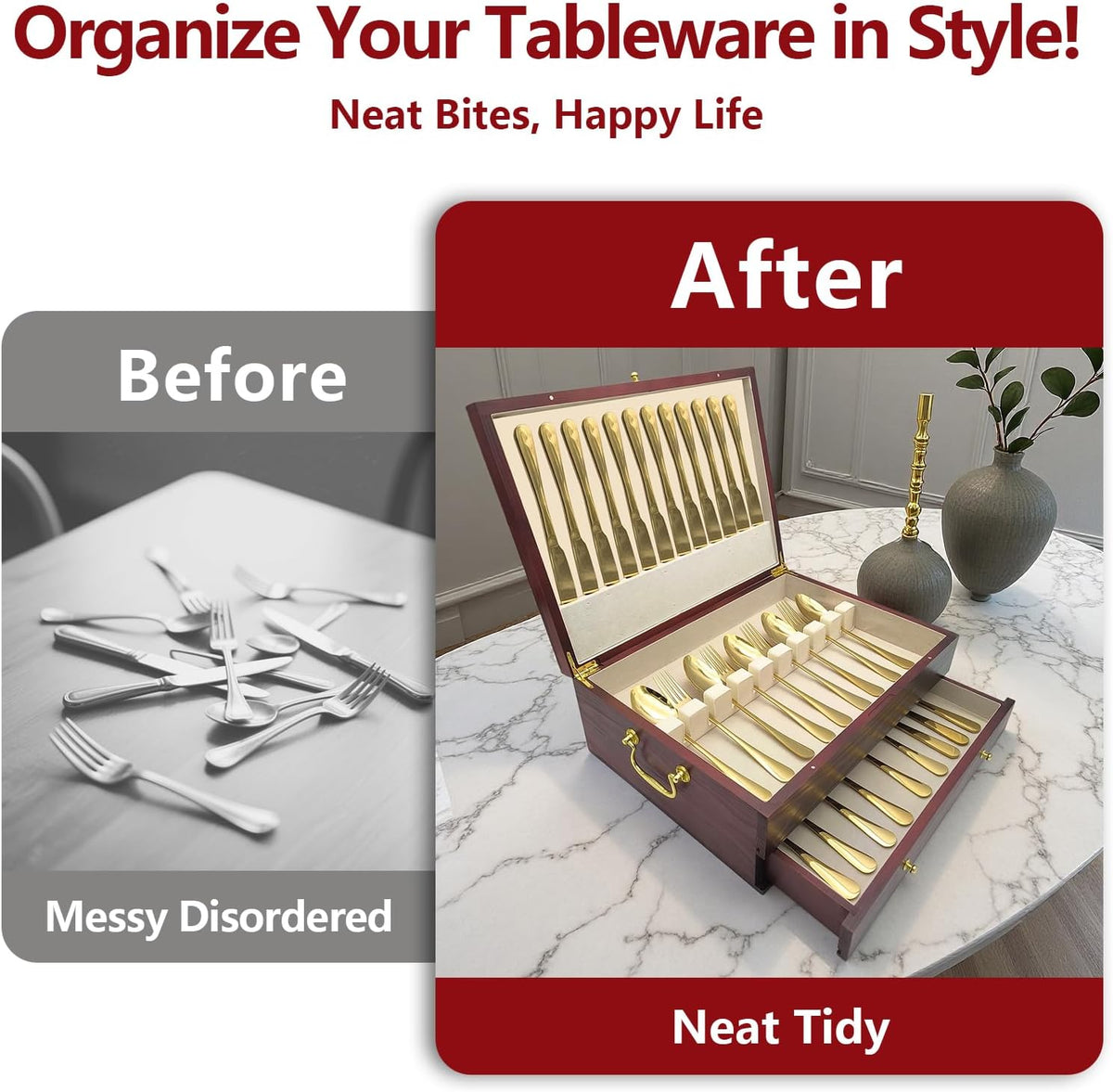 Silverware Storage Box, Kitchen Drawer Organizer, Drawer-containing flap-type storage box, Wood