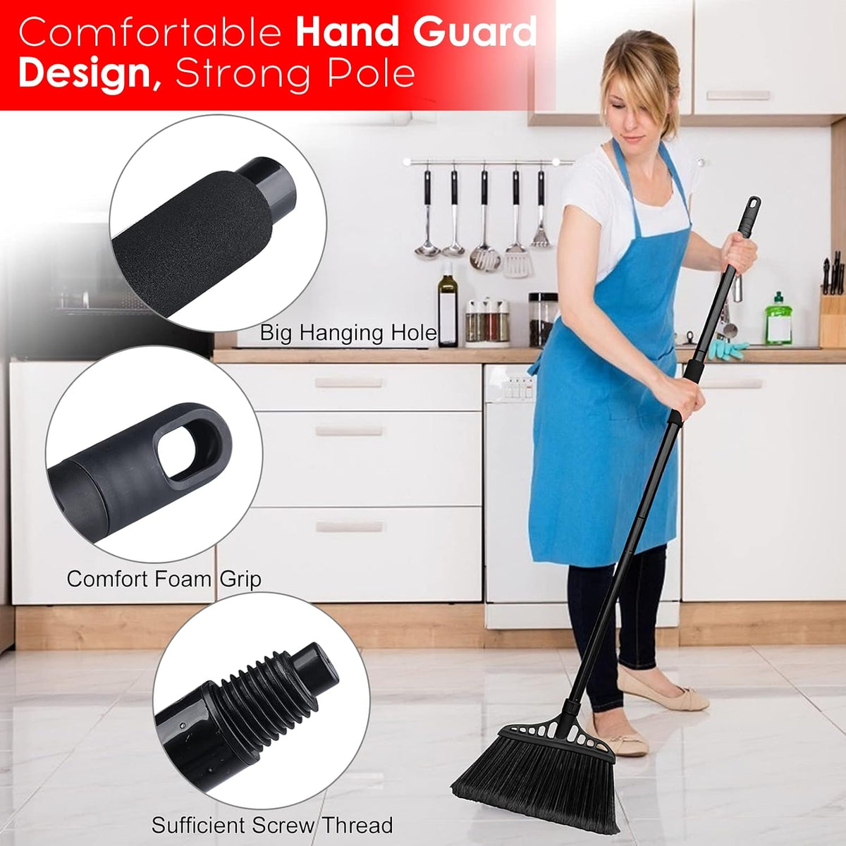 3-Pack Heavy Duty Broom, Commercial Broom with 55" Long Handle Outdoor Indoor, Industrial Brooms