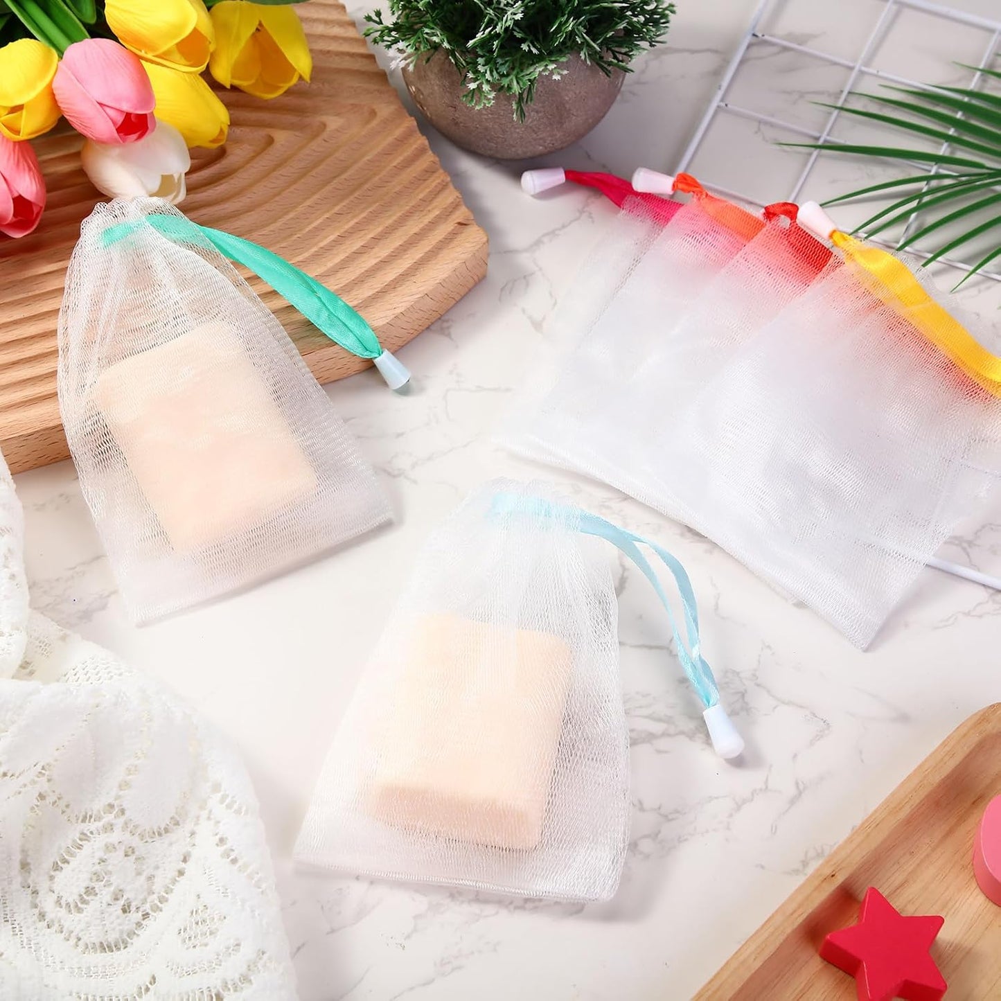 Hushee Soap Bag Bubble Mesh Bags Exfoliating Soap Pouch with Drawstring for Foaming Drying Easy