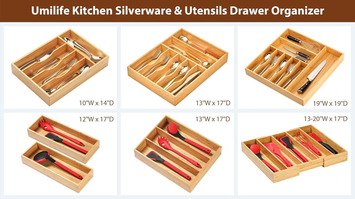 Umilife Bamboo Kitchen Drawer Organizer, 7 Inch Silverware Utensils Tray Holder for Small Drawer