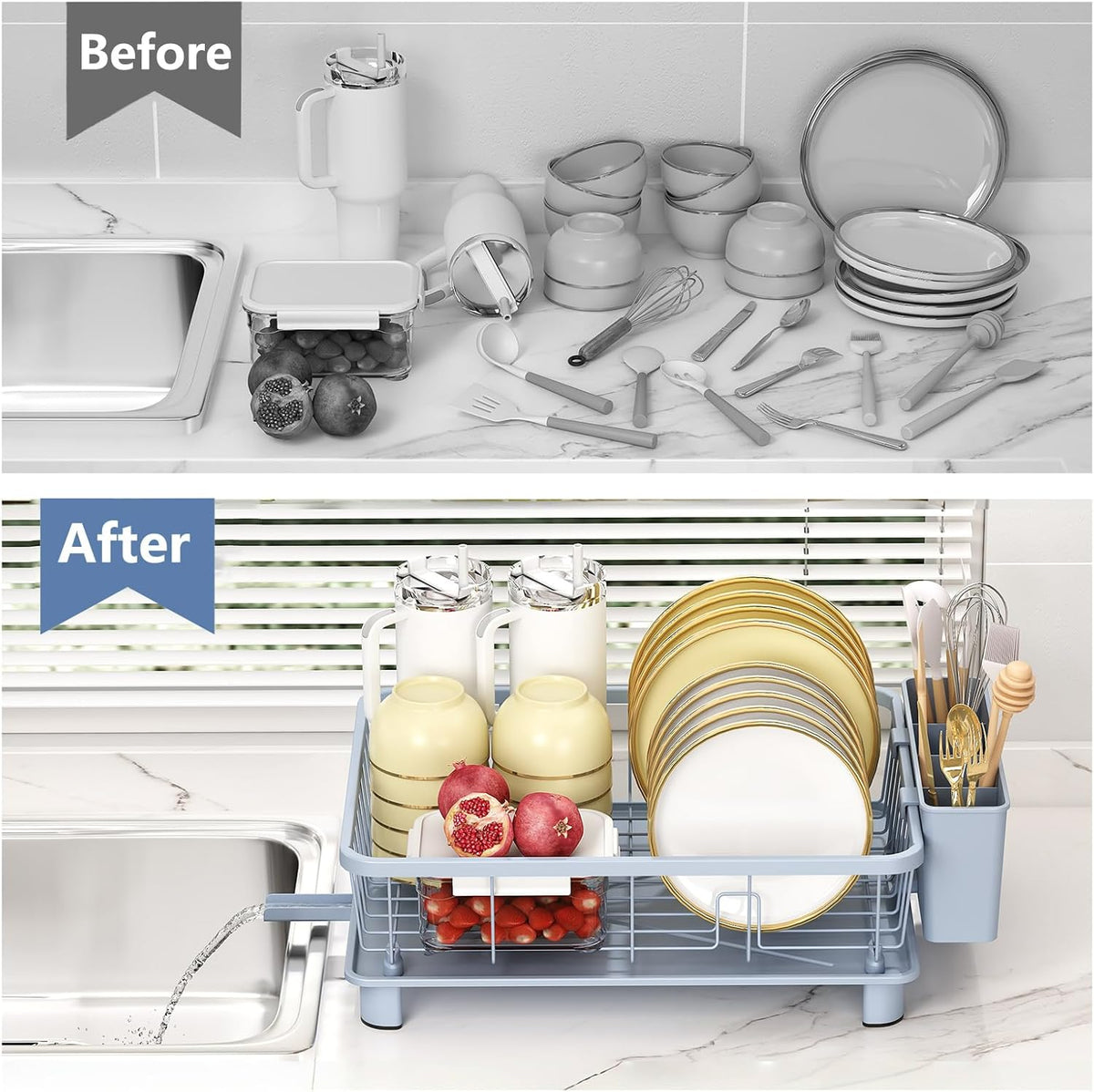 Blue Dish Drying Rack, Dish Rack,Space-Saving Dish Racks for Kitchen Counter with Utensil