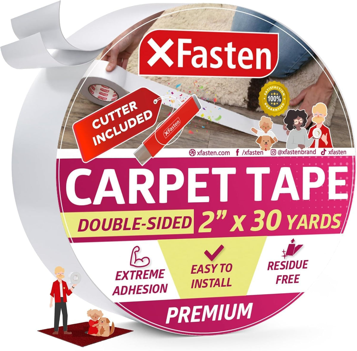 XFasten Double Sided Carpet Tape for Area Rugs 2 Inch x 30 Yards w/Mini Cutter, Residue-Free Carpet