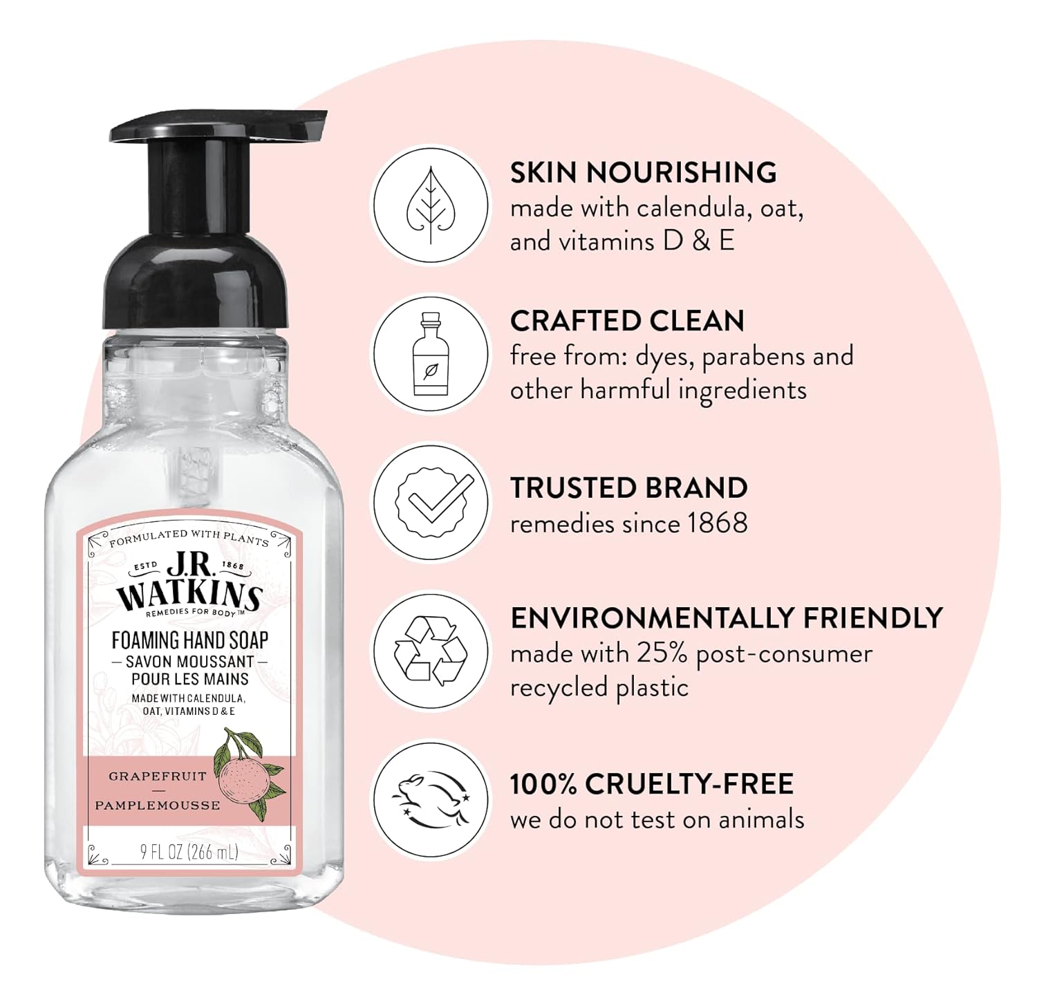 J.R. Watkins Foaming Hand Soap Pump with Dispenser, Moisturizing All Natural Hand Soap Foam