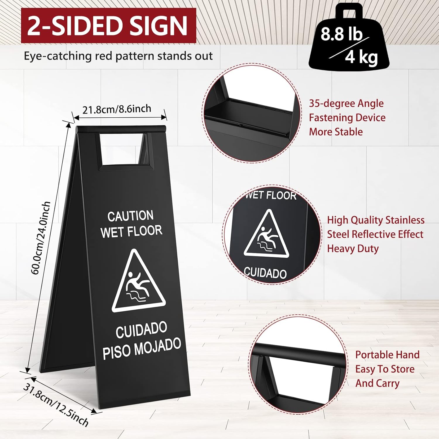 Kigley 2 Pcs Wet Floor Sign, 24 Inch Stainless Steel Caution Wet Floor Sign Double Sided Portable