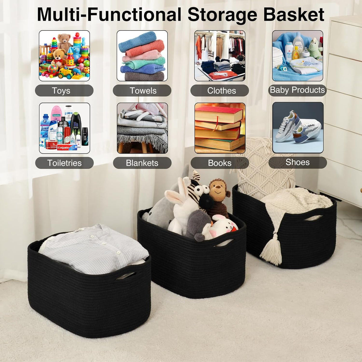 Large Storage Baskets for Organizing Shelves, Woven Cotton Rope Bins for Baby Nursery Organization