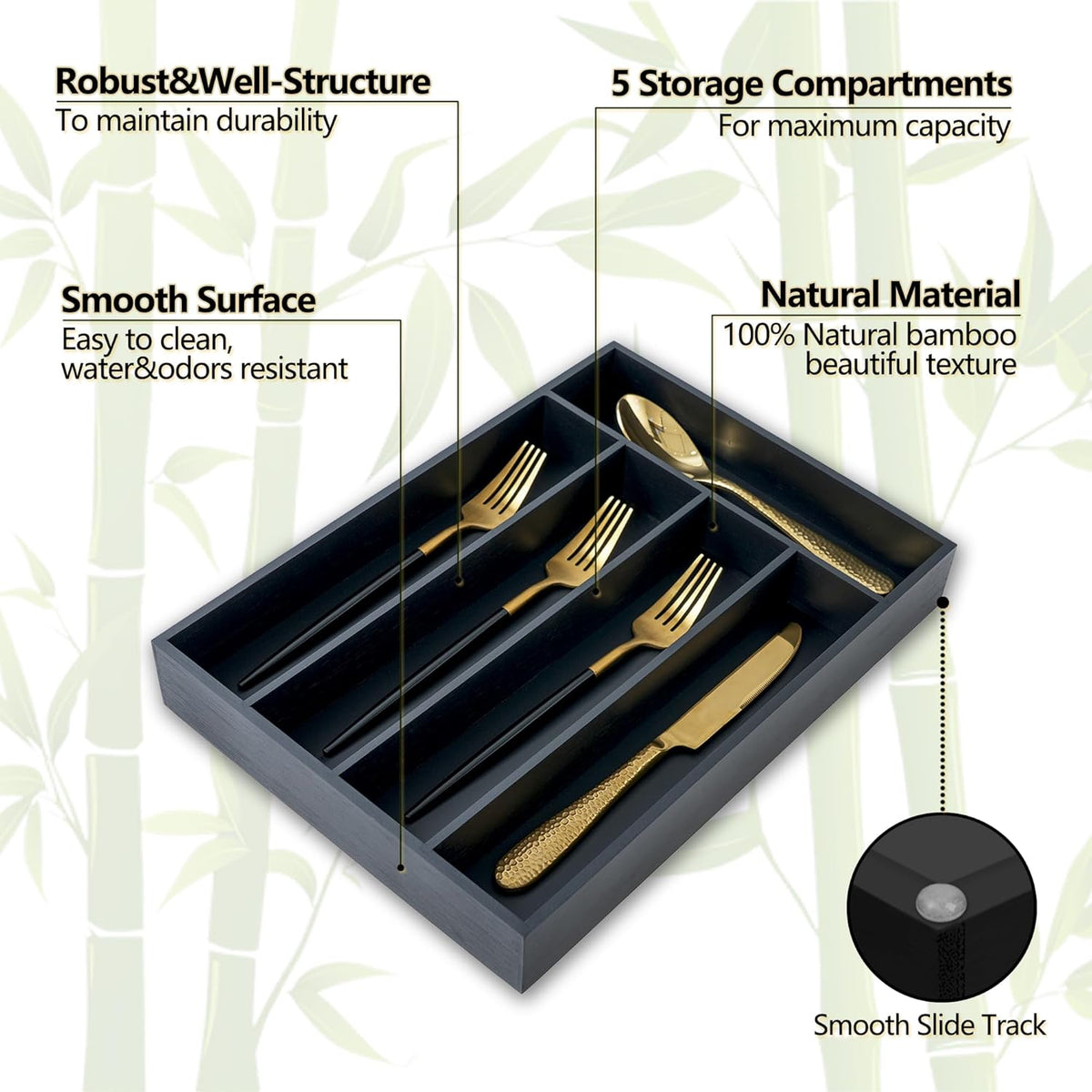 Silverware Organizer, 10 Inch Utensil Organizer Kitchen Drawer Organizer Bamboo Silverware Holder