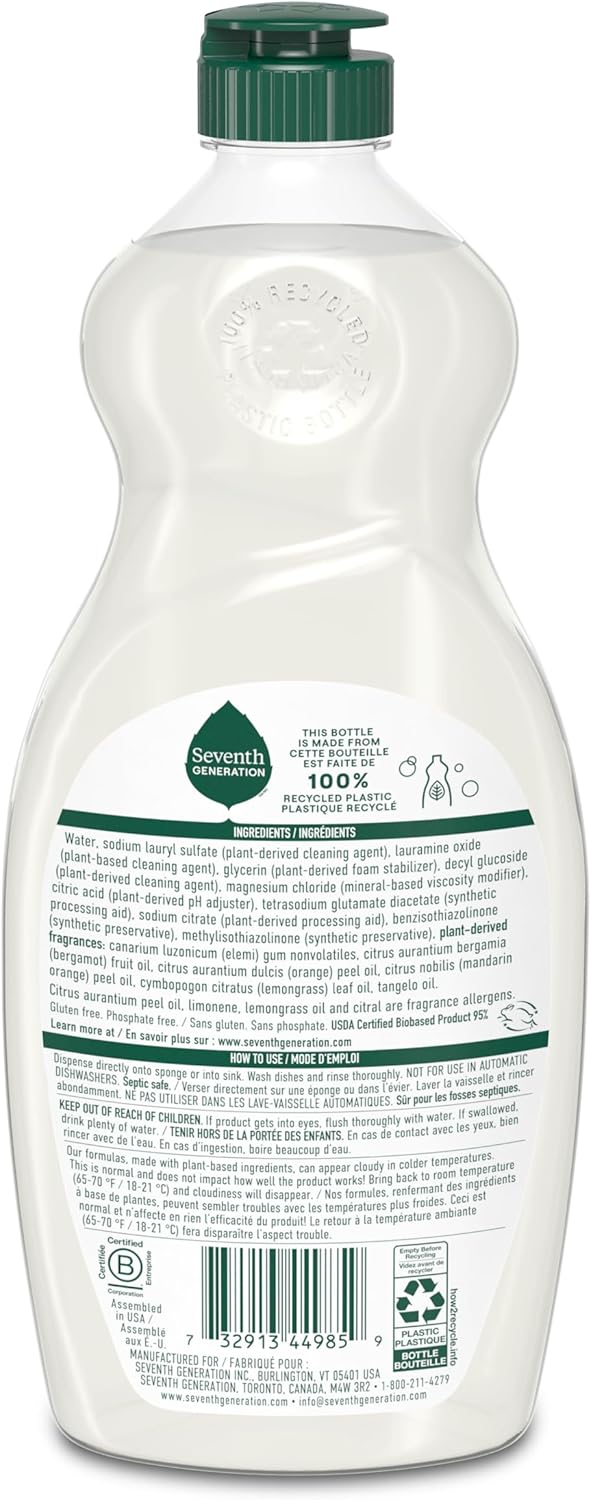 Seventh Generation Dish Liquid Soap Clementine Zest Lemongrass Pack of 6 Dishwashing Soap Liquid